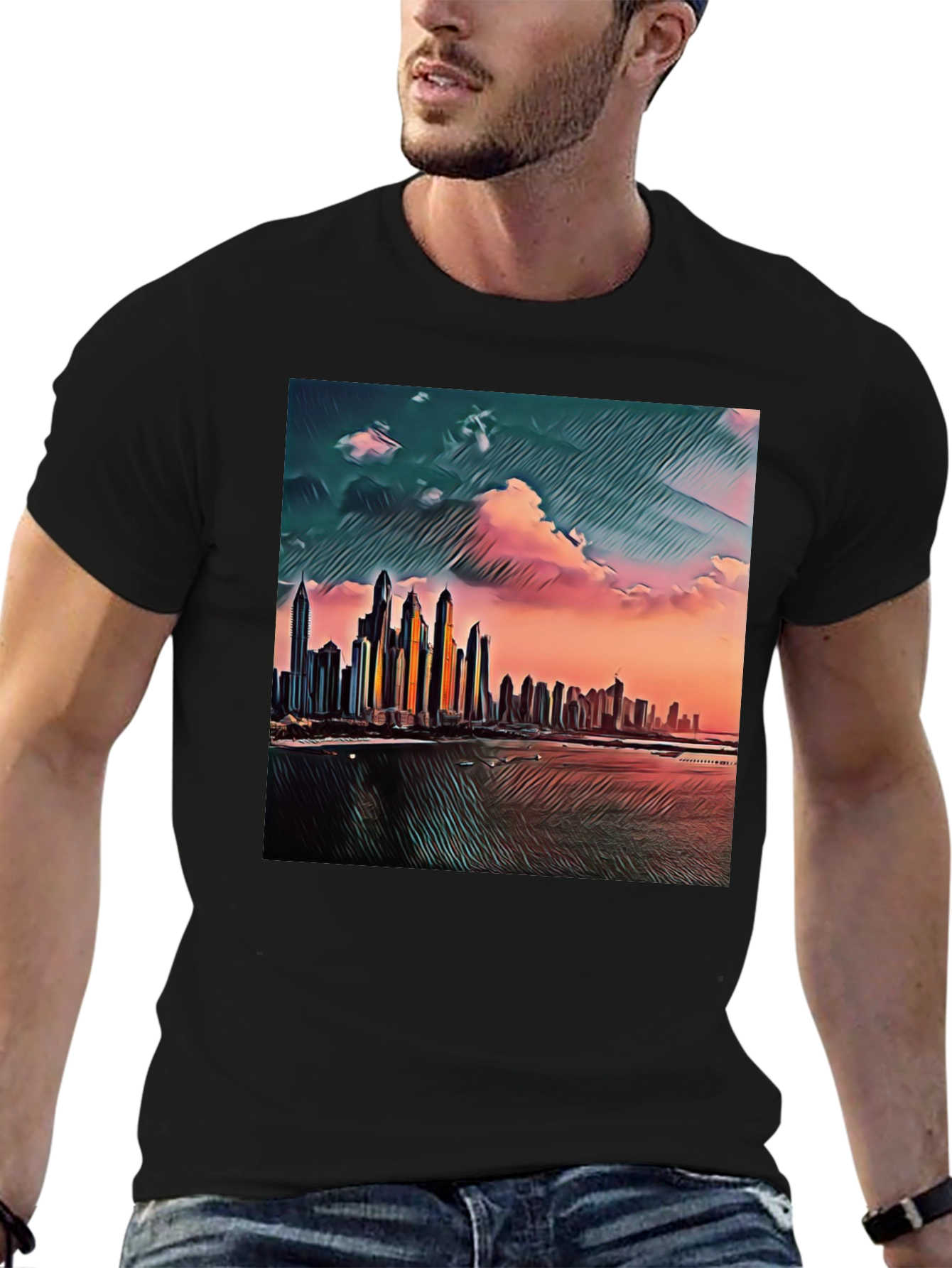 Dubai Skyline Art T-Shirt - Black Crew Neck Tee