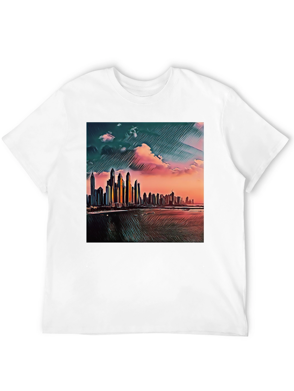 Dubai Skyline Art T-Shirt - Black Crew Neck Tee