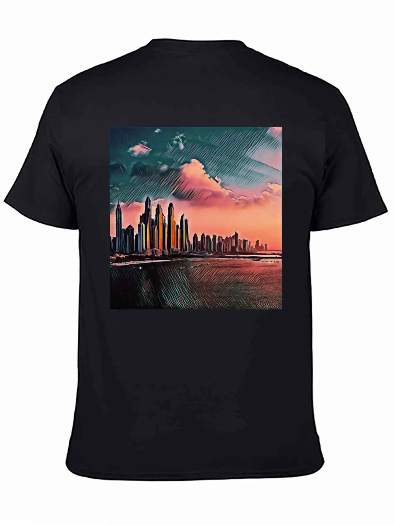 Dubai Skyline Art T-Shirt - Black Crew Neck Tee