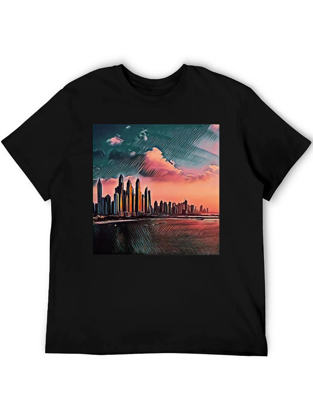 Dubai Skyline Art T-Shirt - Black Crew Neck Tee