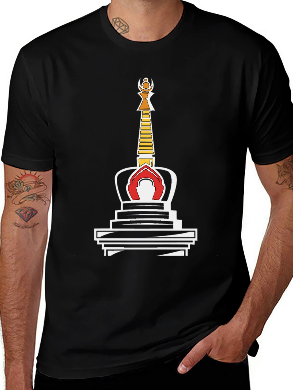 Black T-Shirt with Buddhist Stupa Graphic Tee