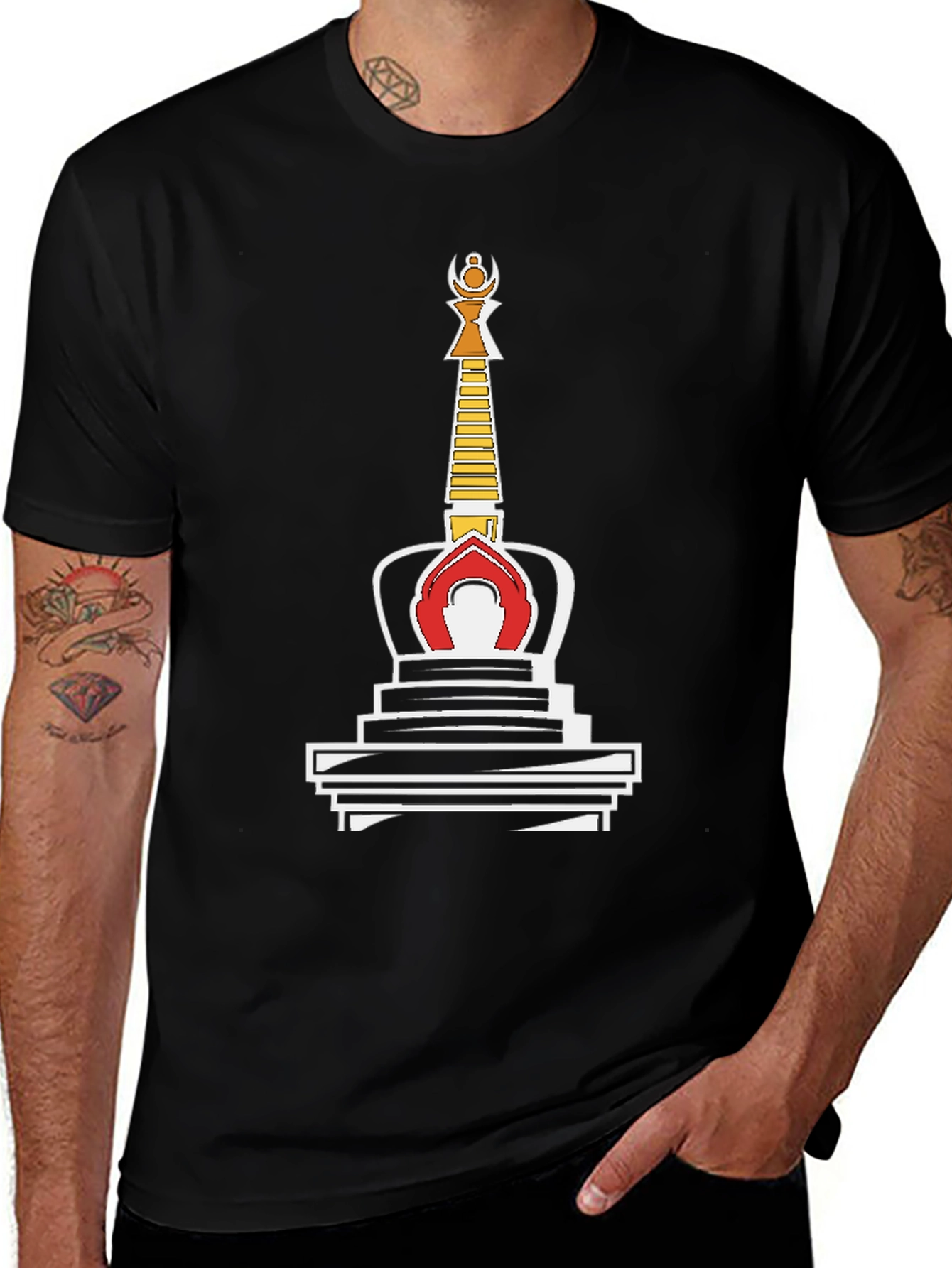 Black T-Shirt with Buddhist Stupa Graphic Tee