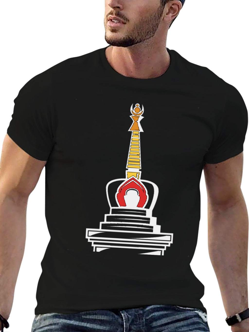 Black T-Shirt with Buddhist Stupa Graphic Tee