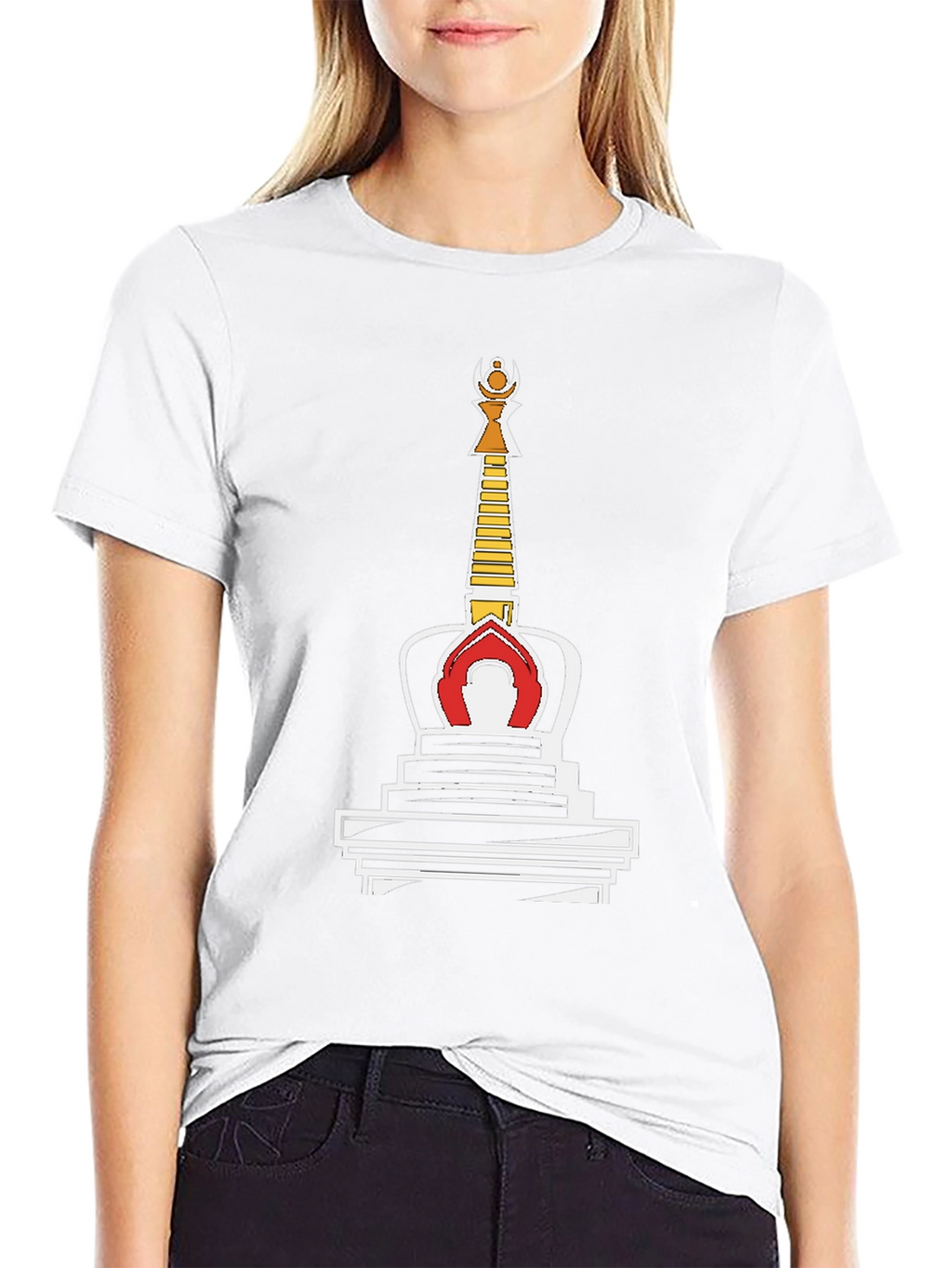 Black T-Shirt with Buddhist Stupa Graphic Tee
