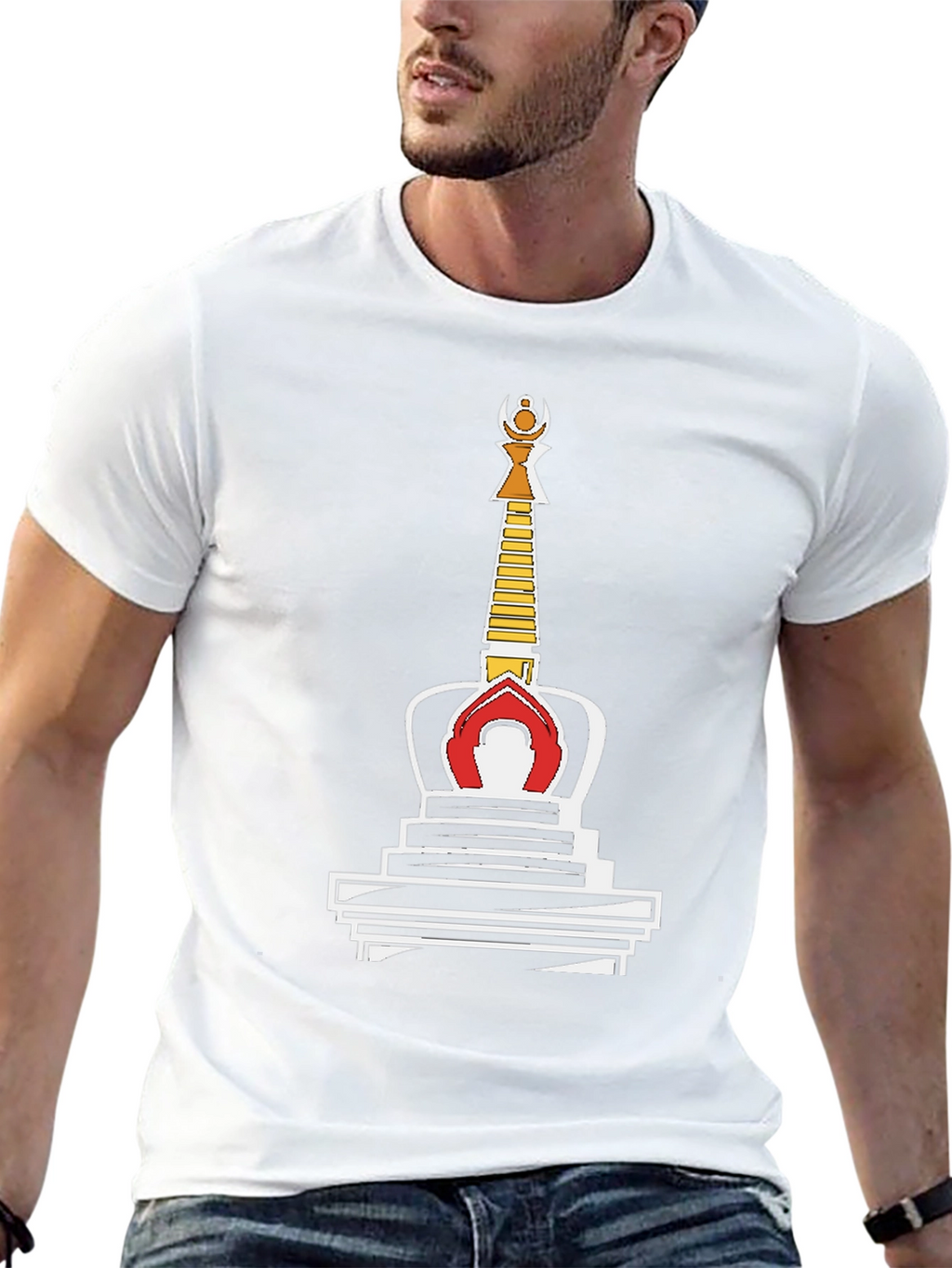 Black T-Shirt with Buddhist Stupa Graphic Tee