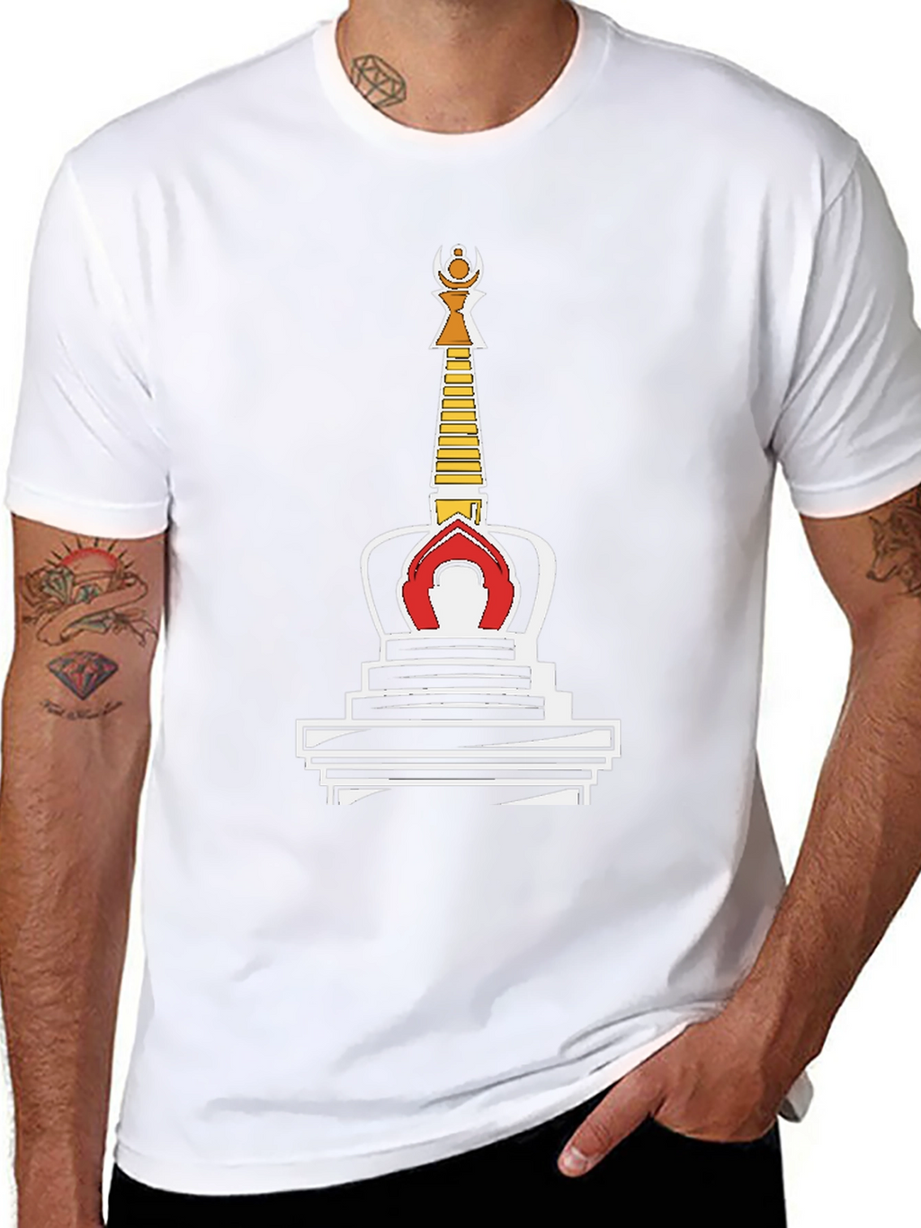 Black T-Shirt with Buddhist Stupa Graphic Tee