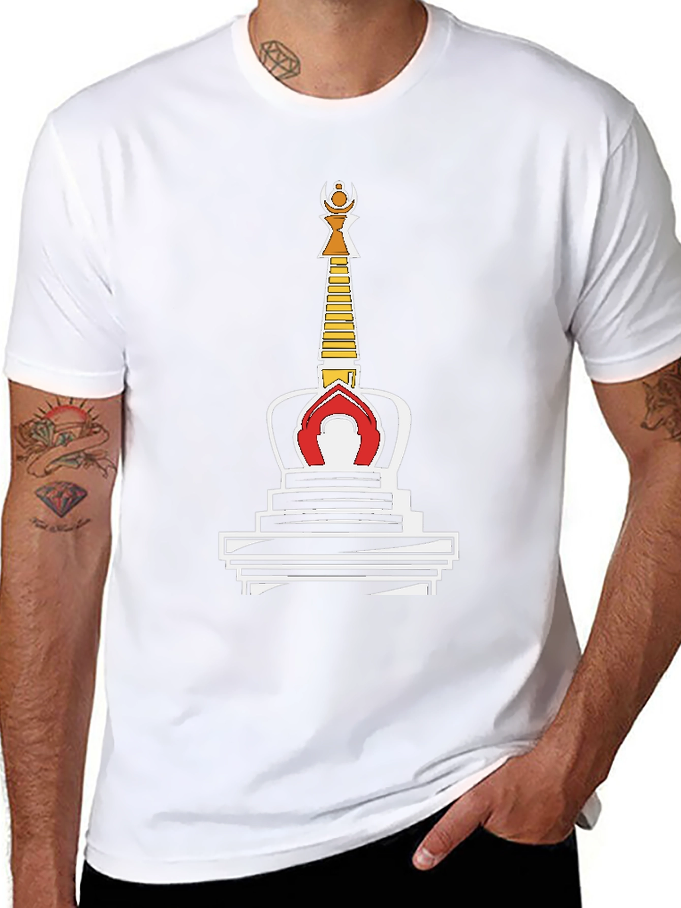 Black T-Shirt with Buddhist Stupa Graphic Tee