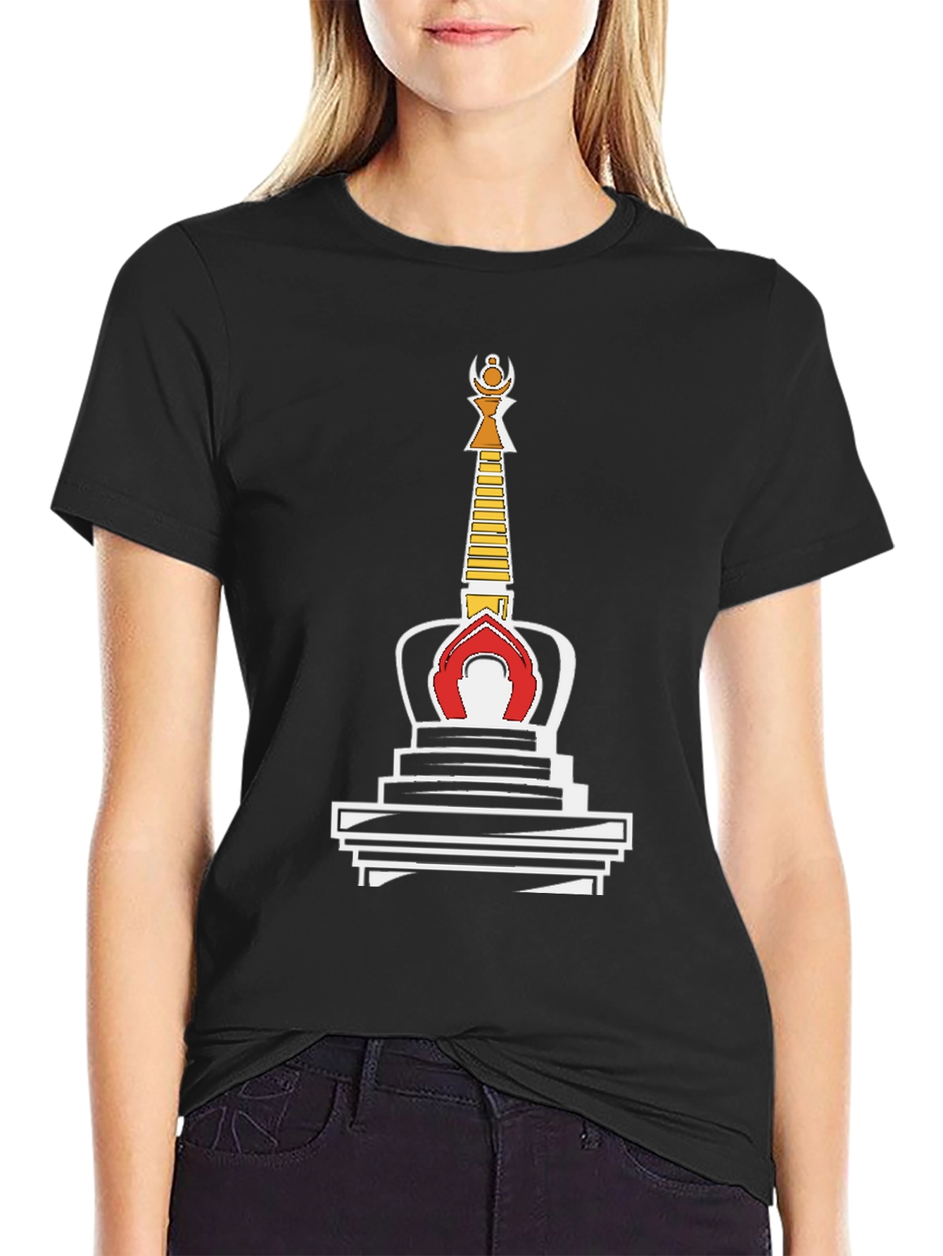 Black T-Shirt with Buddhist Stupa Graphic Tee