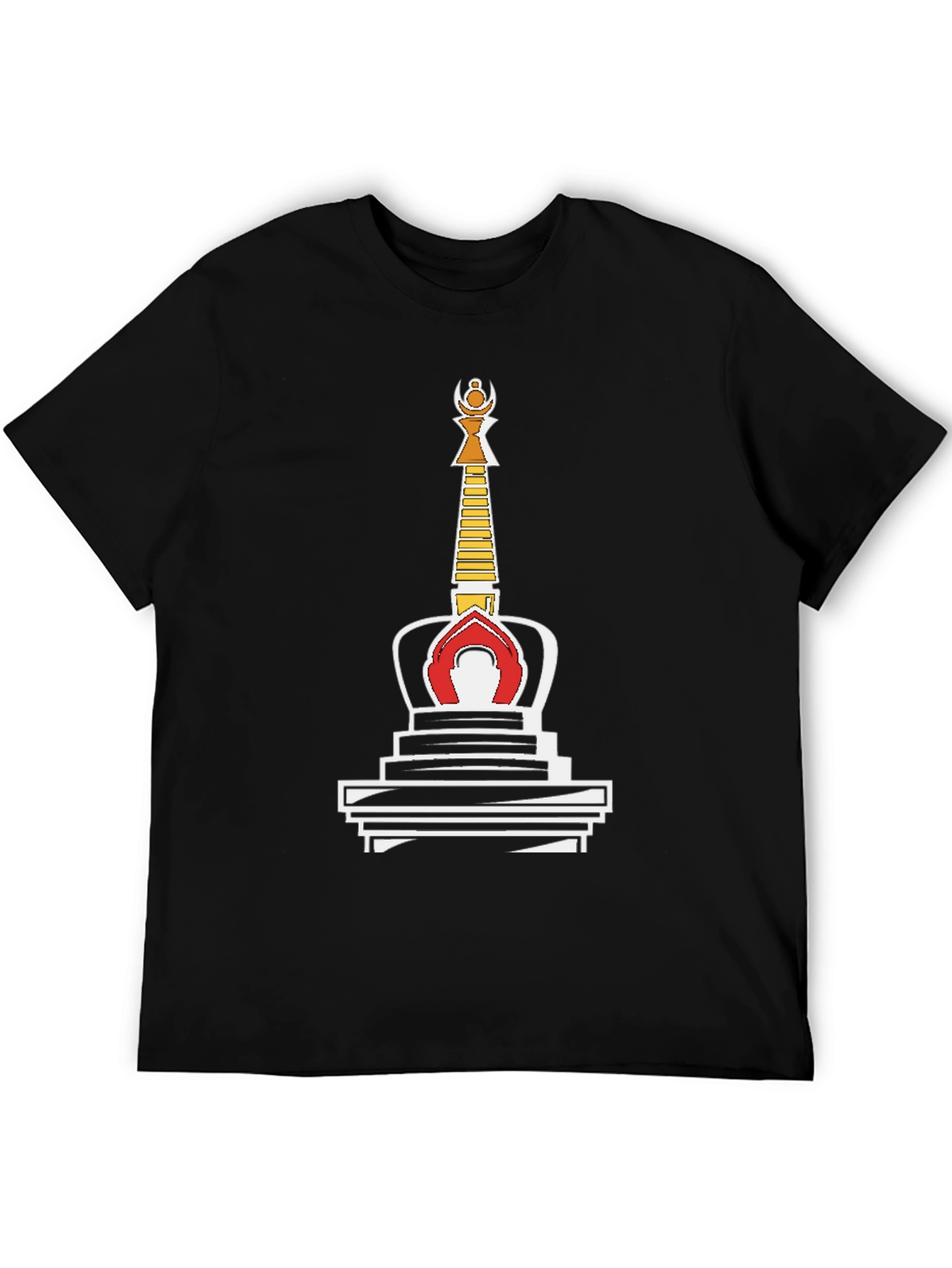 Black T-Shirt with Buddhist Stupa Graphic Tee