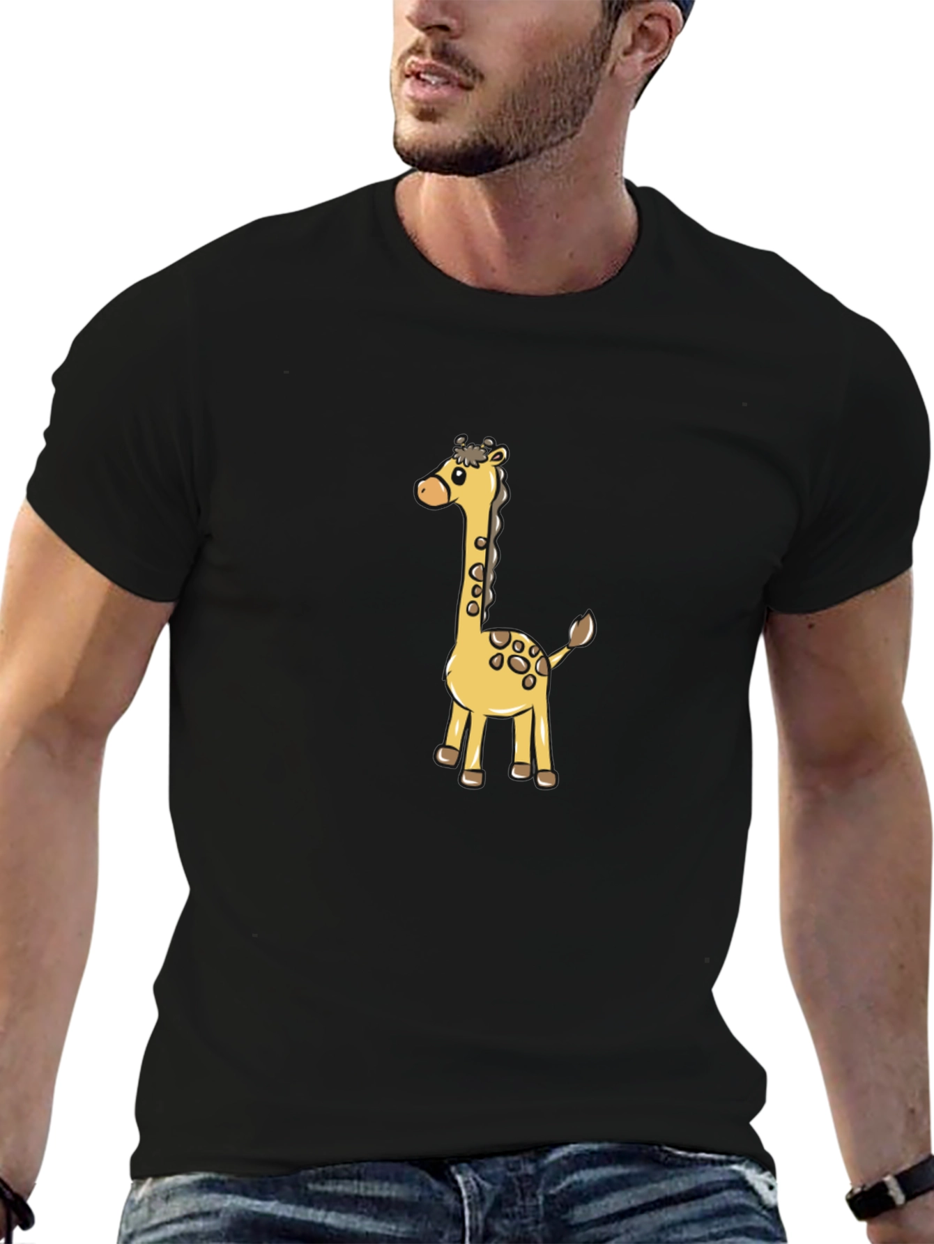 Cute Giraffe Cartoon Graphic Black T-Shirt