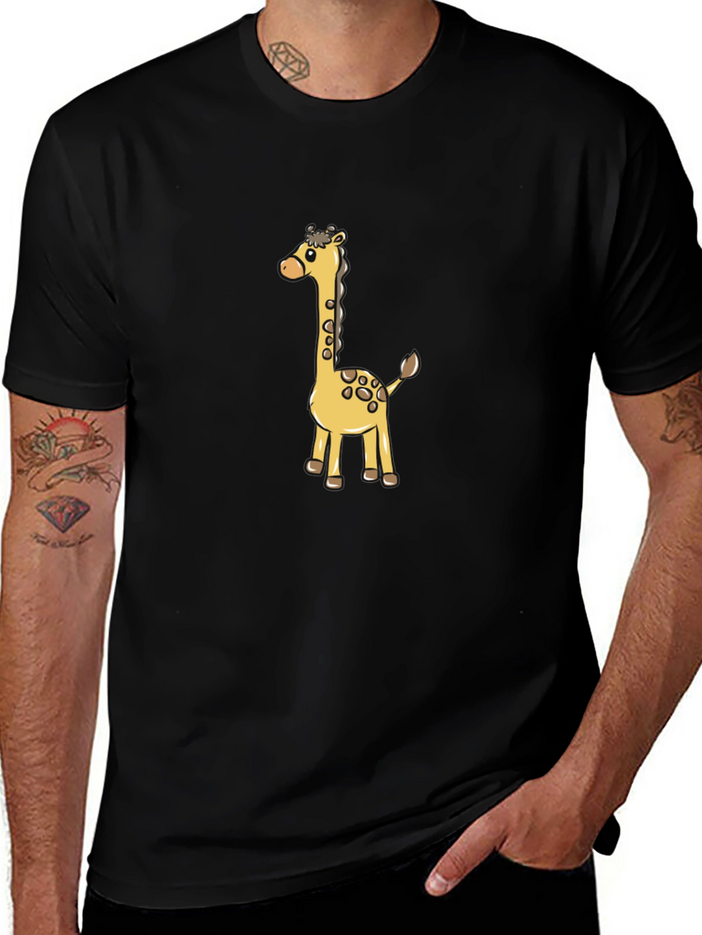 Cute Giraffe Cartoon Graphic Black T-Shirt