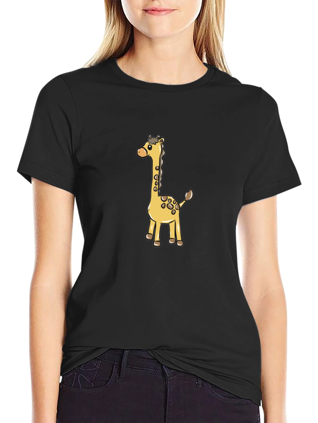 Cute Giraffe Cartoon Graphic Black T-Shirt