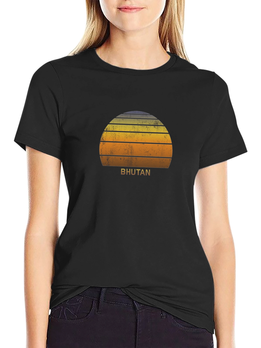 Bhutan Sunset Graphic Tee - Retro Style Black T-Shirt