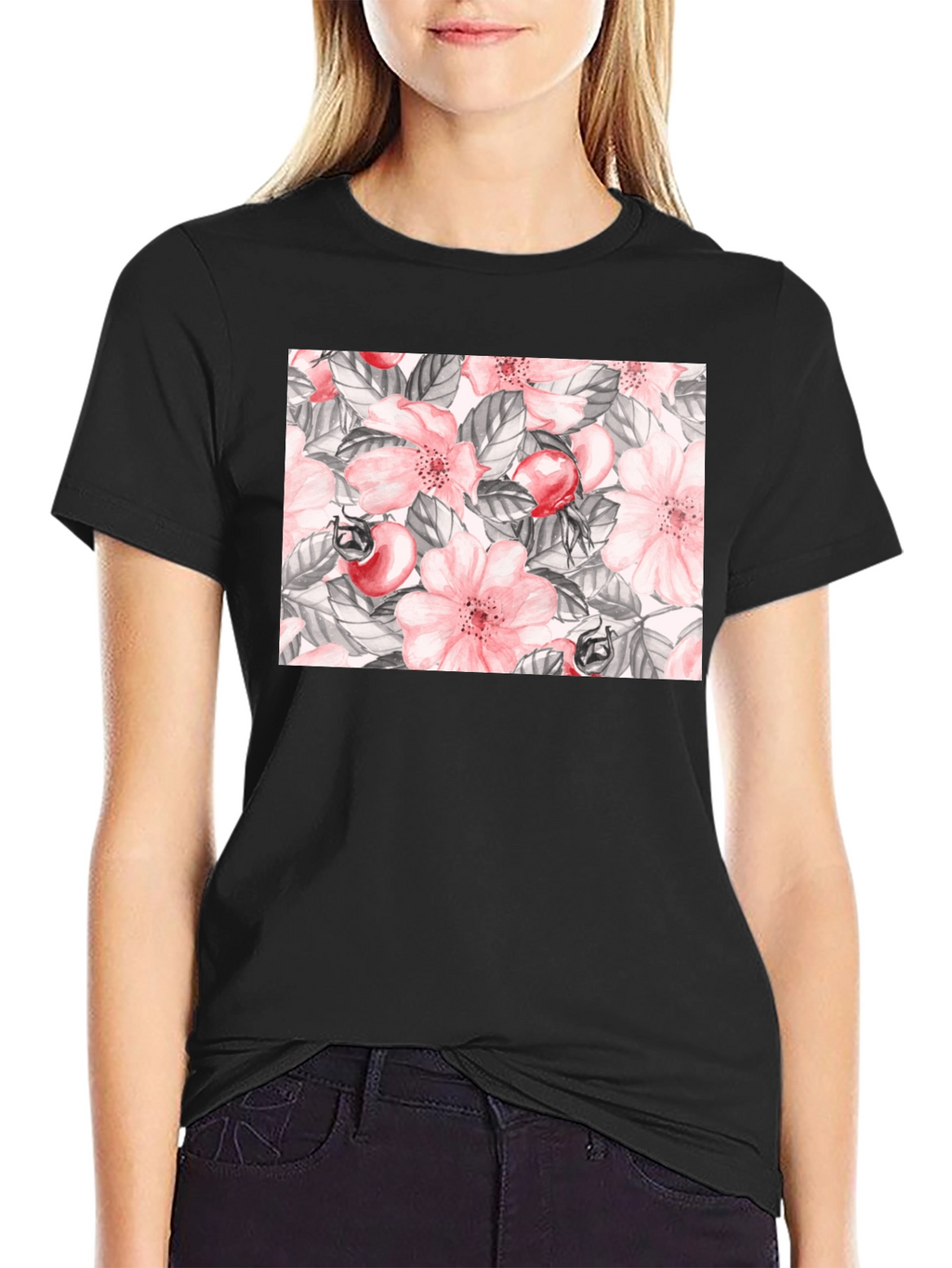 Floral Rose Hip Print Black T-Shirt