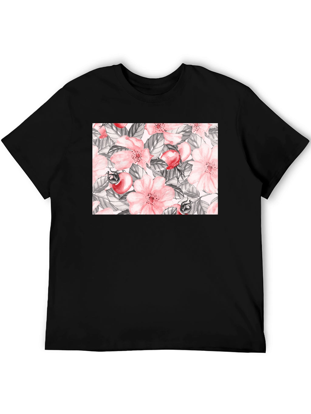 Floral Rose Hip Print Black T-Shirt