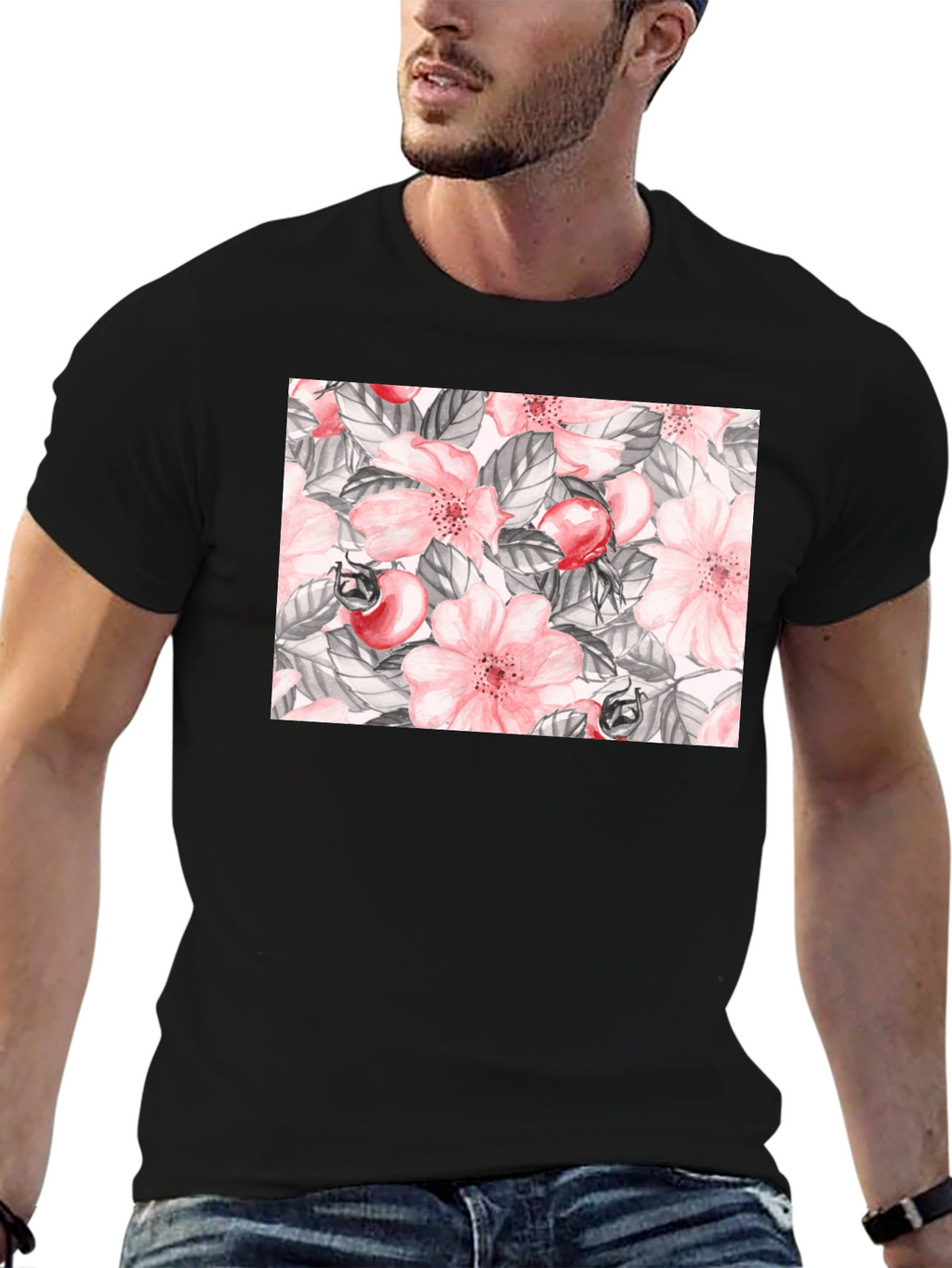 Floral Rose Hip Print Black T-Shirt