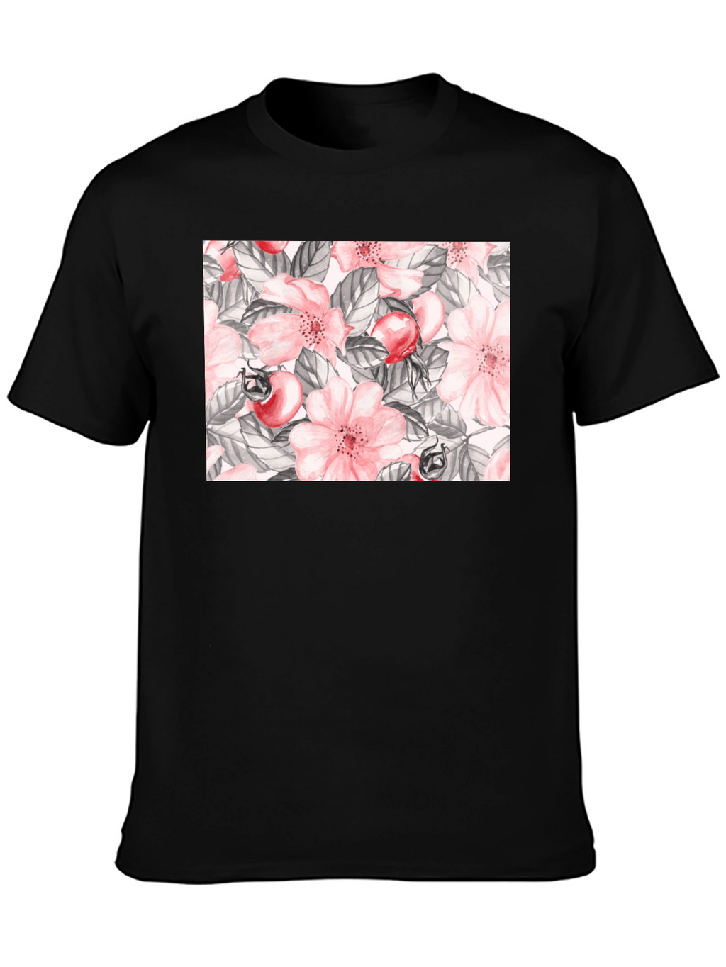 Floral Rose Hip Print Black T-Shirt