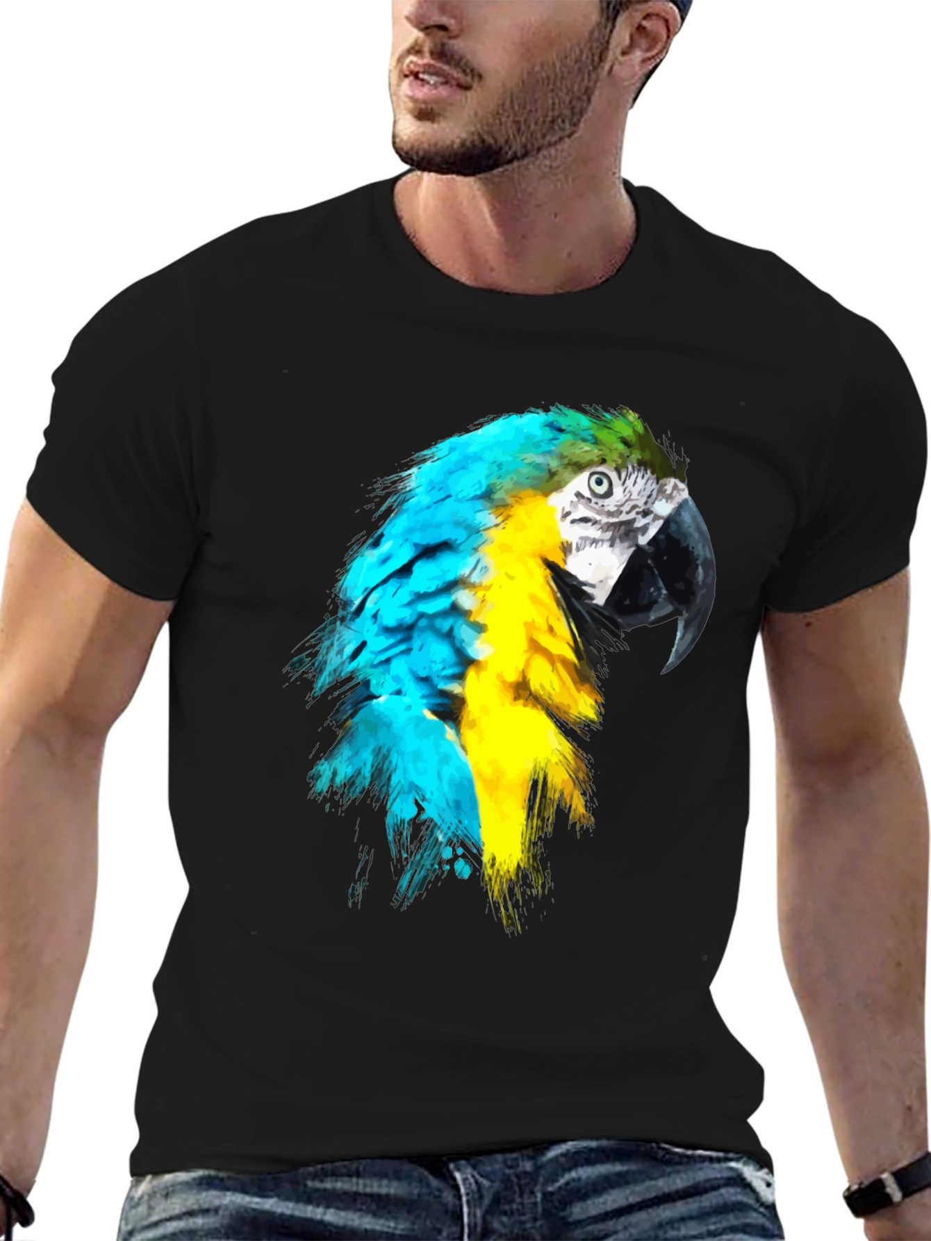 Parrot Graphic Tee - Vivid Bird Design on Black Shirt