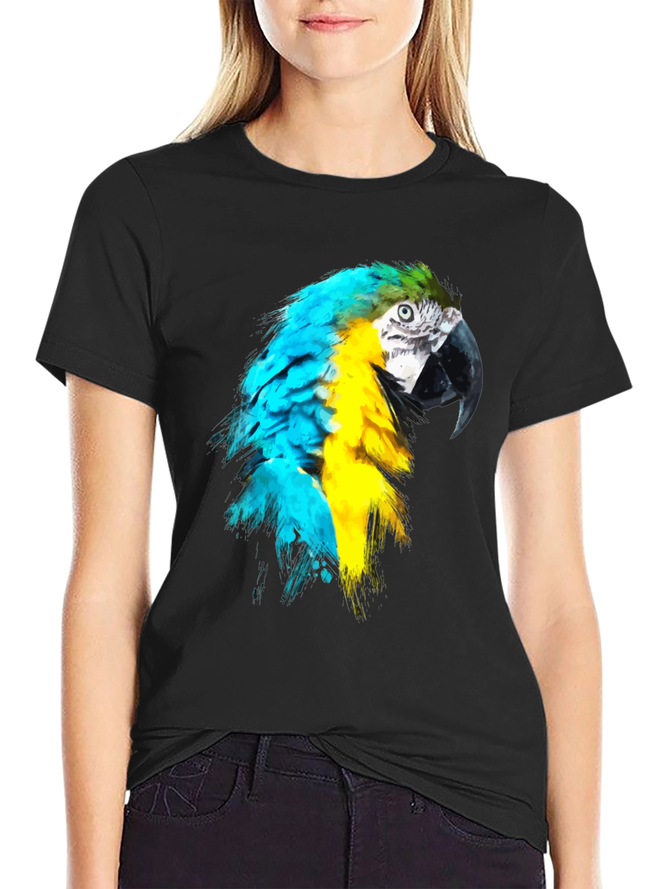 Parrot Graphic Tee - Vivid Bird Design on Black Shirt