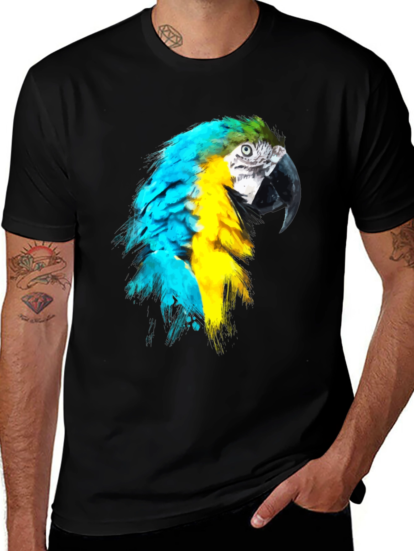Parrot Graphic Tee - Vivid Bird Design on Black Shirt