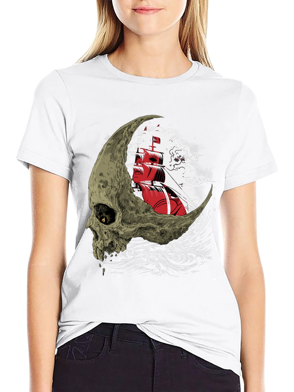 Skull Moon Ship Graphic T-Shirt