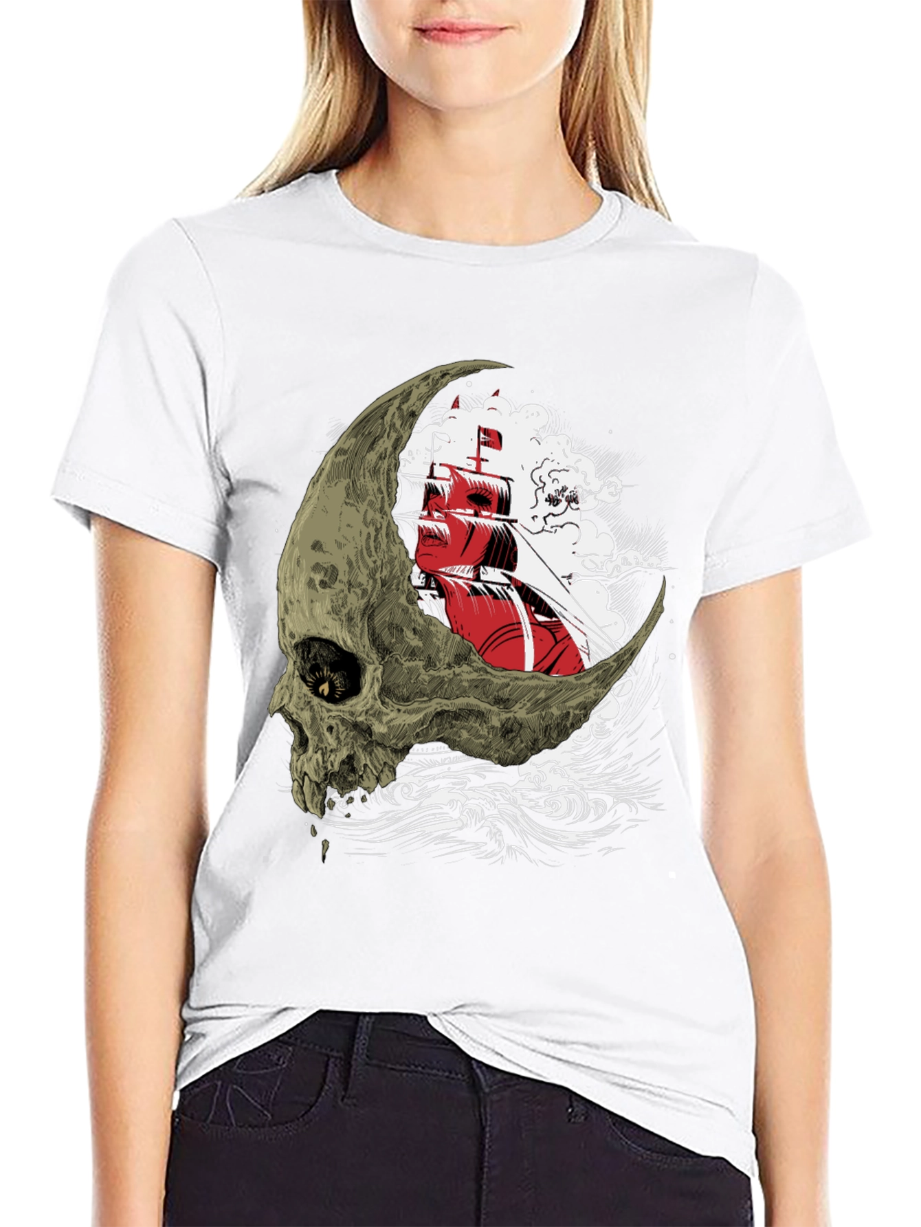 Skull Moon Ship Graphic T-Shirt