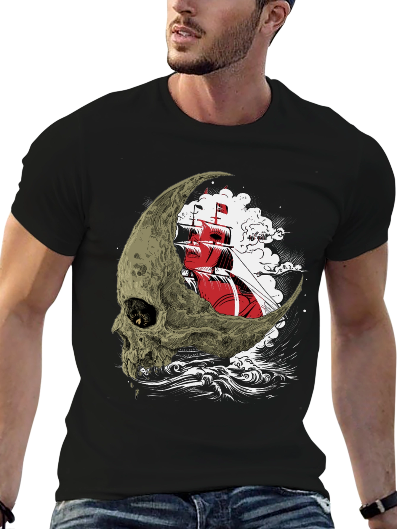 Skull Moon Ship Graphic T-Shirt