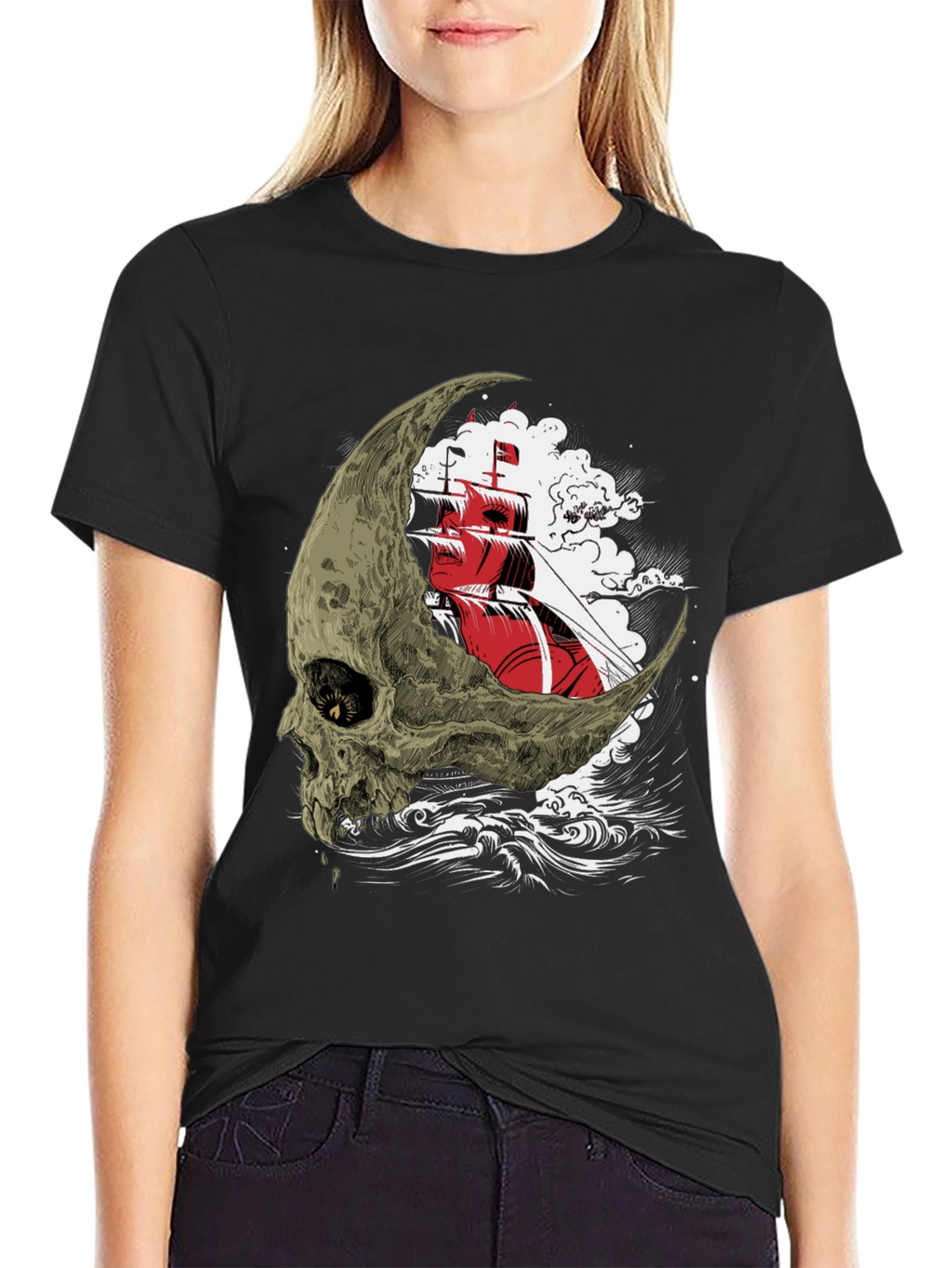 Skull Moon Ship Graphic T-Shirt