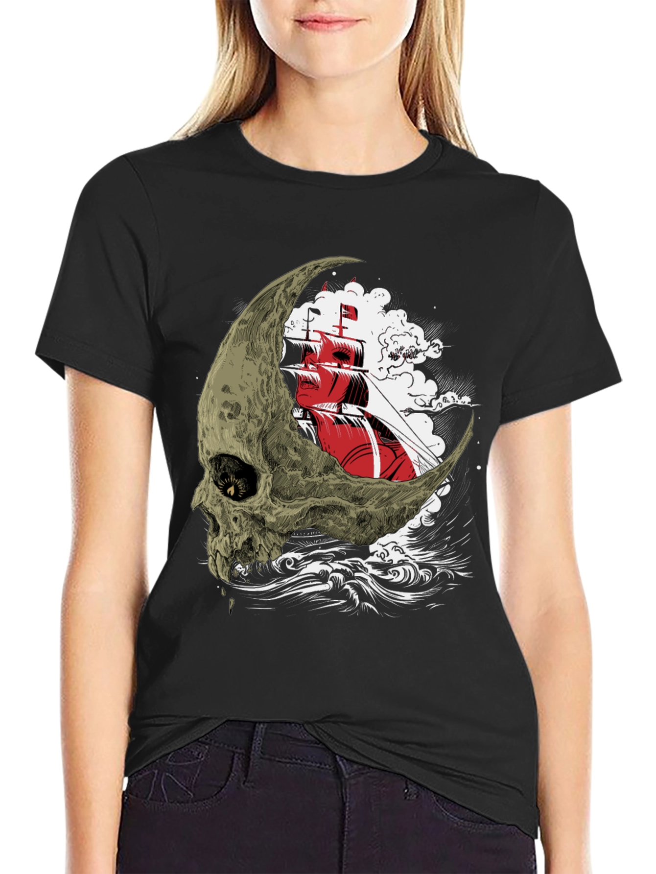 Skull Moon Ship Graphic T-Shirt