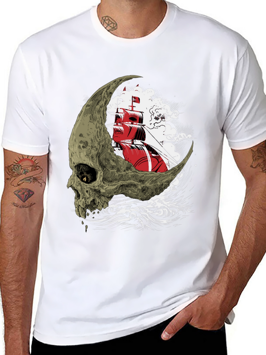 Skull Moon Ship Graphic T-Shirt