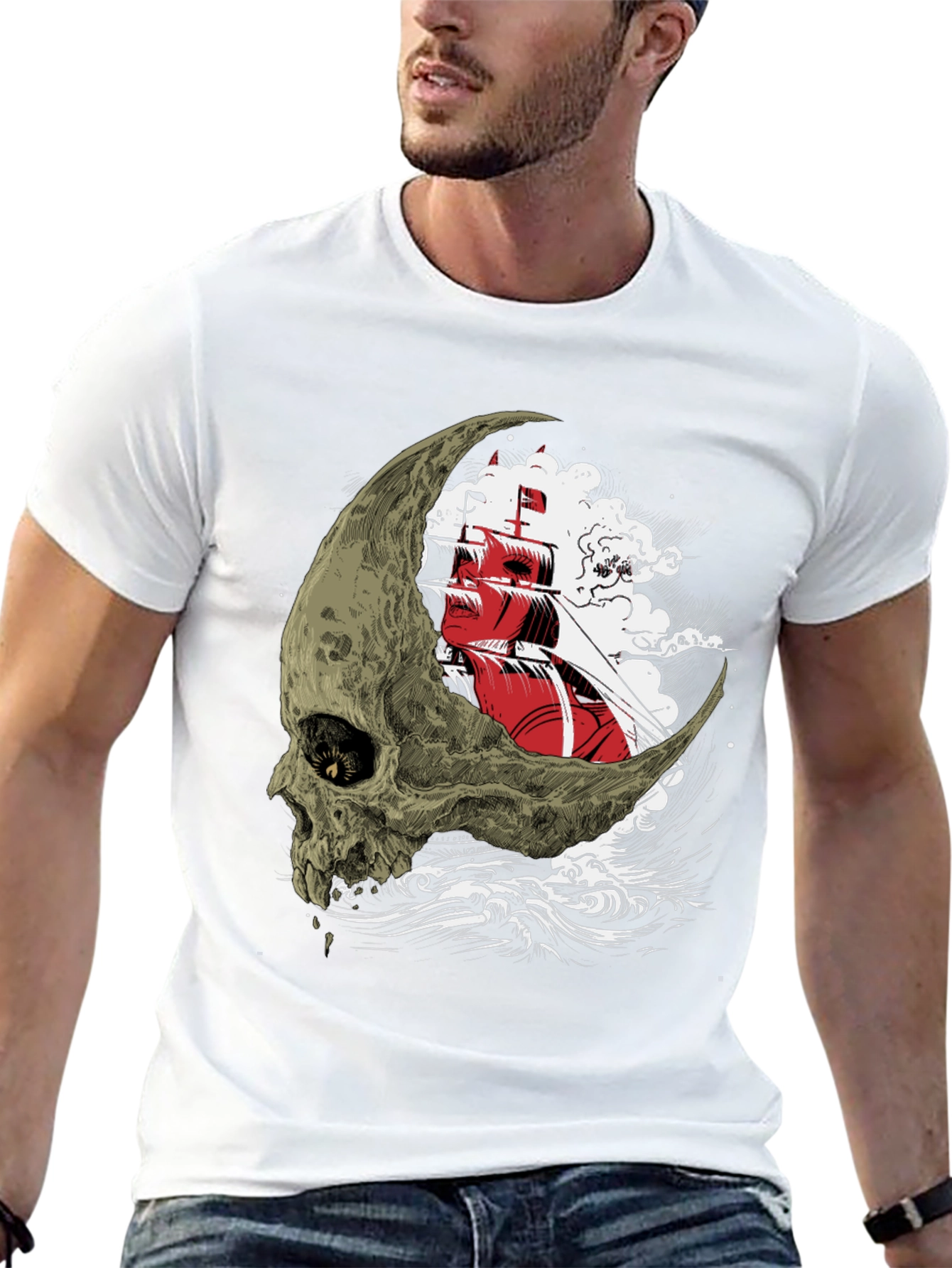 Skull Moon Ship Graphic T-Shirt