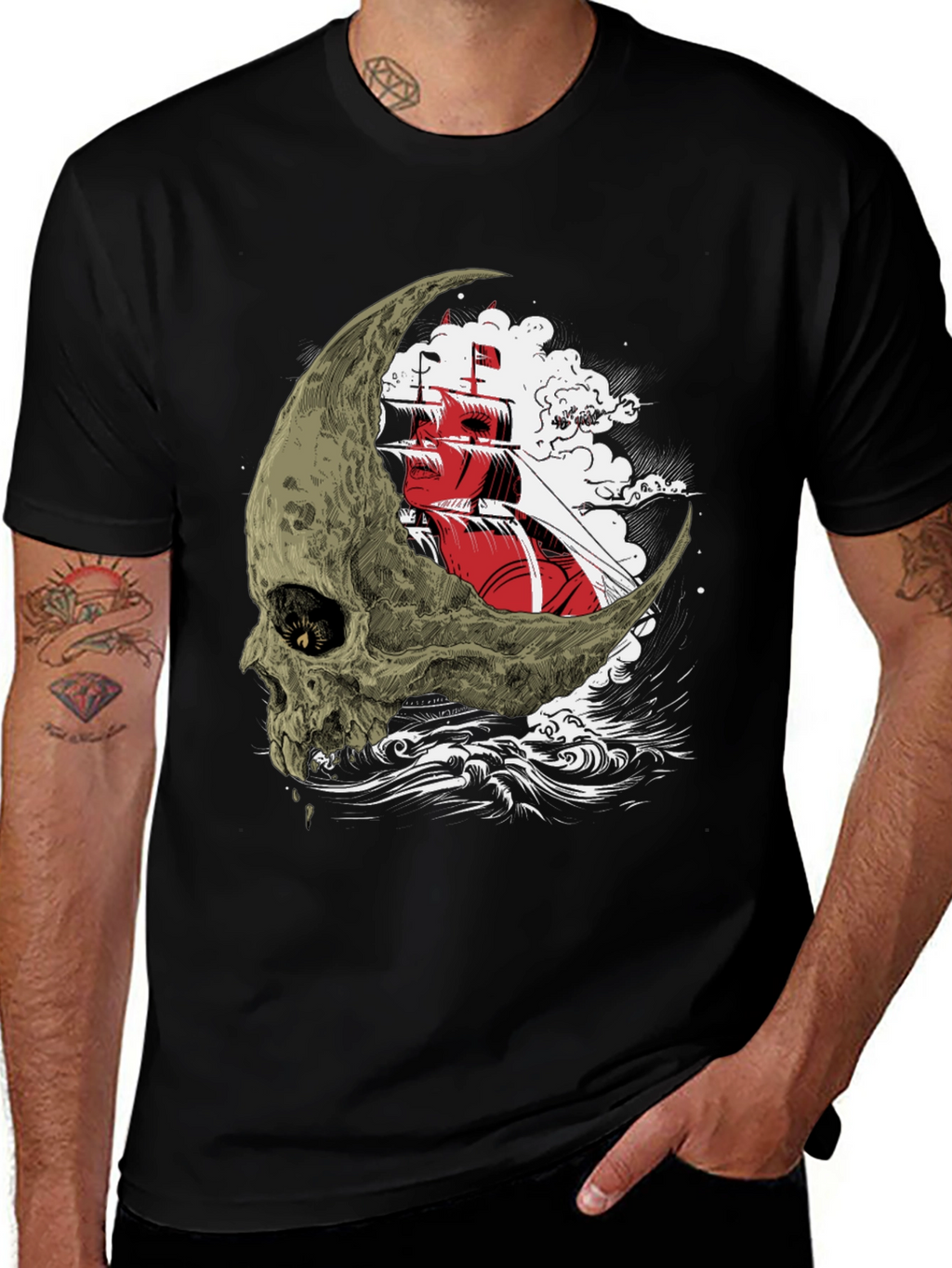 Skull Moon Ship Graphic T-Shirt