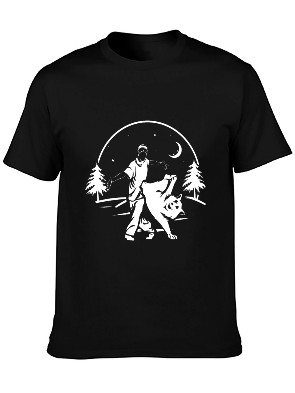 Mens Black Graphic Tee - Man Training Wolf