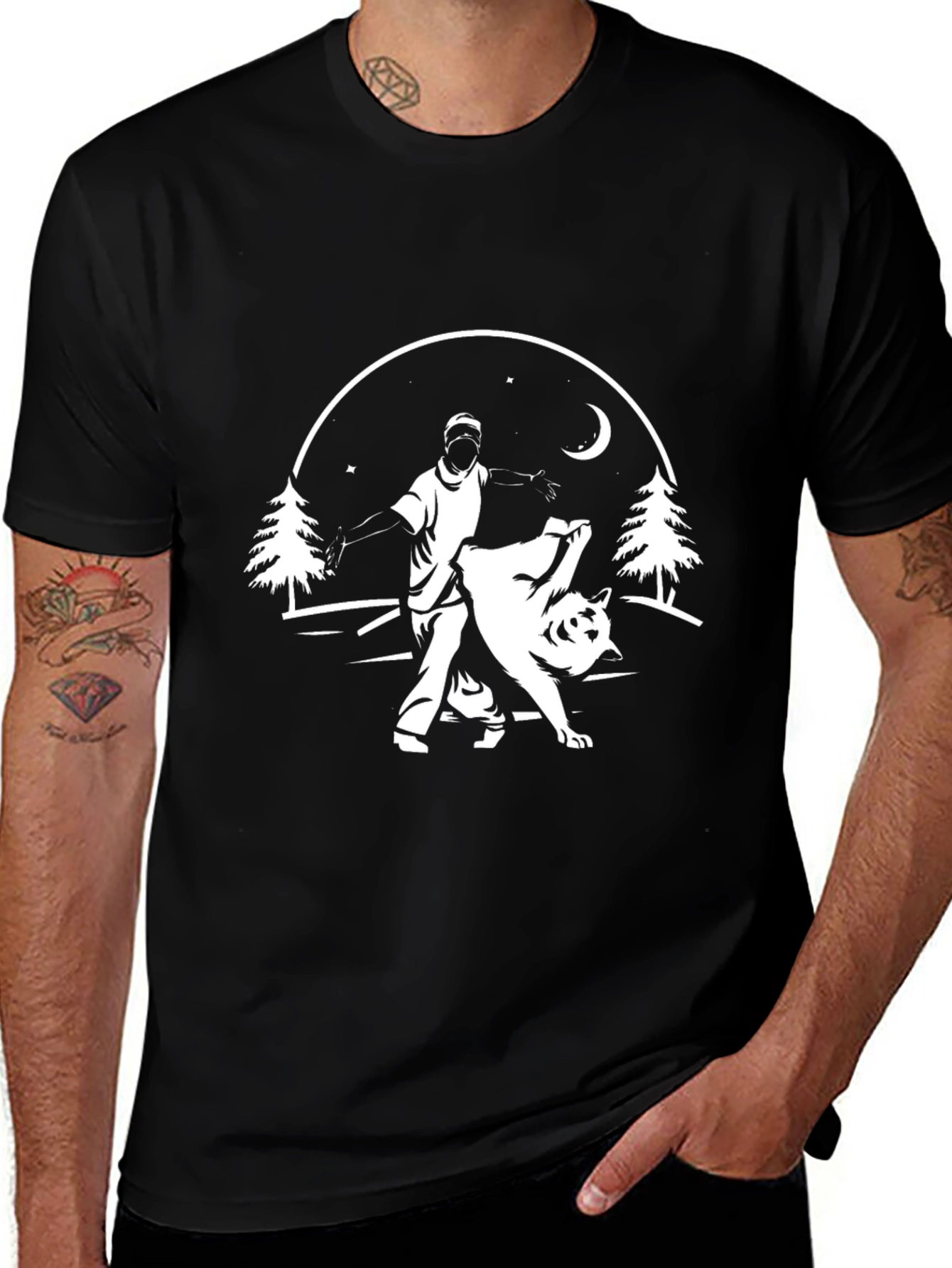 Mens Black Graphic Tee - Man Training Wolf