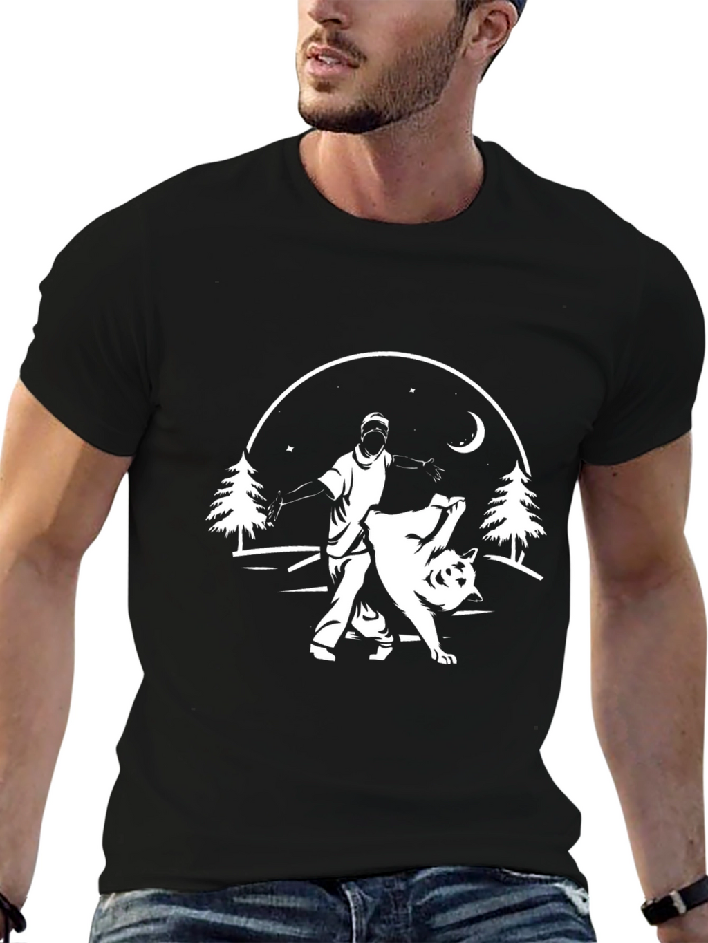 Mens Black Graphic Tee - Man Training Wolf