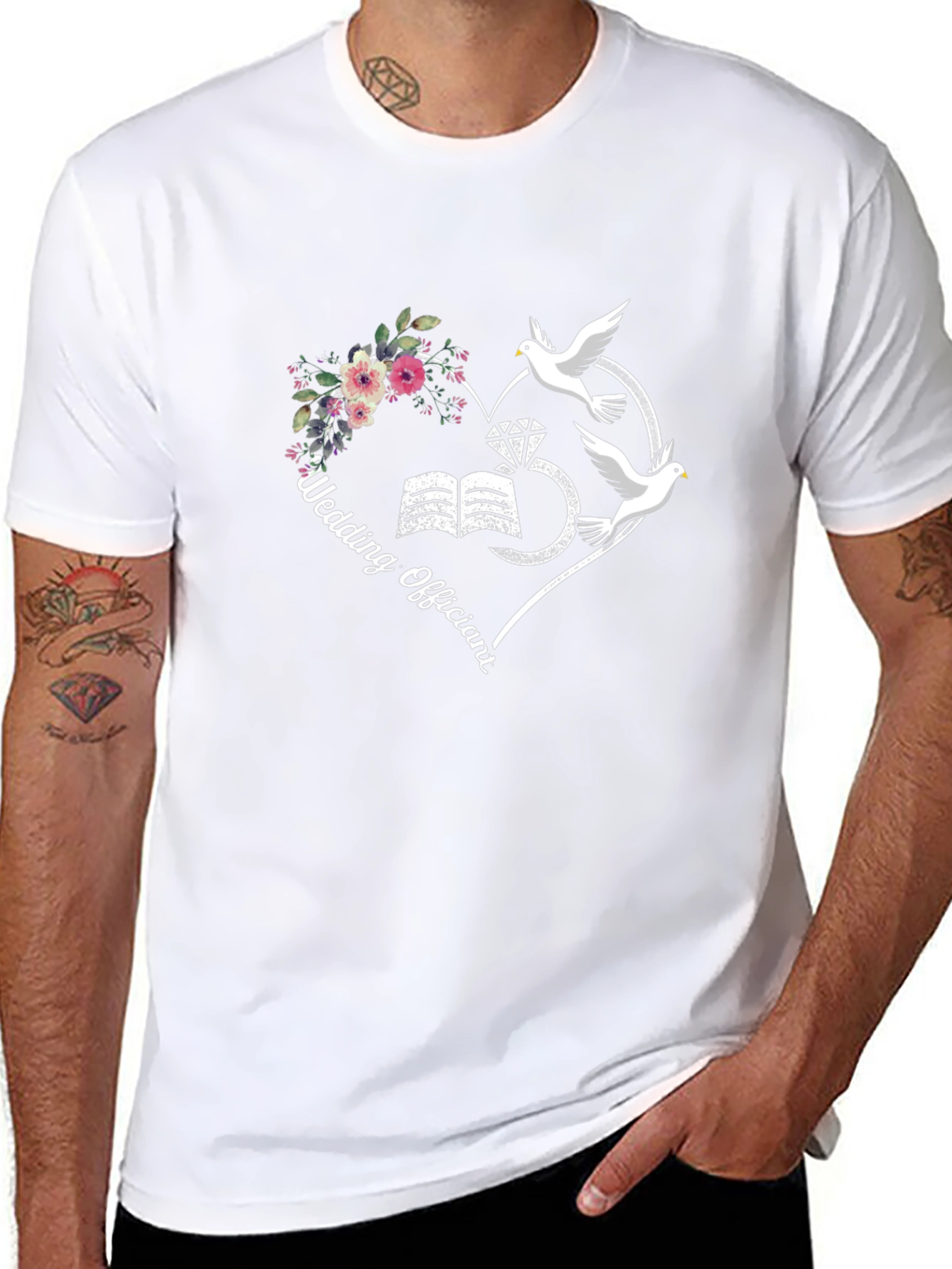 Wedding Officiant T-Shirt: Heart Doves Flowers Design