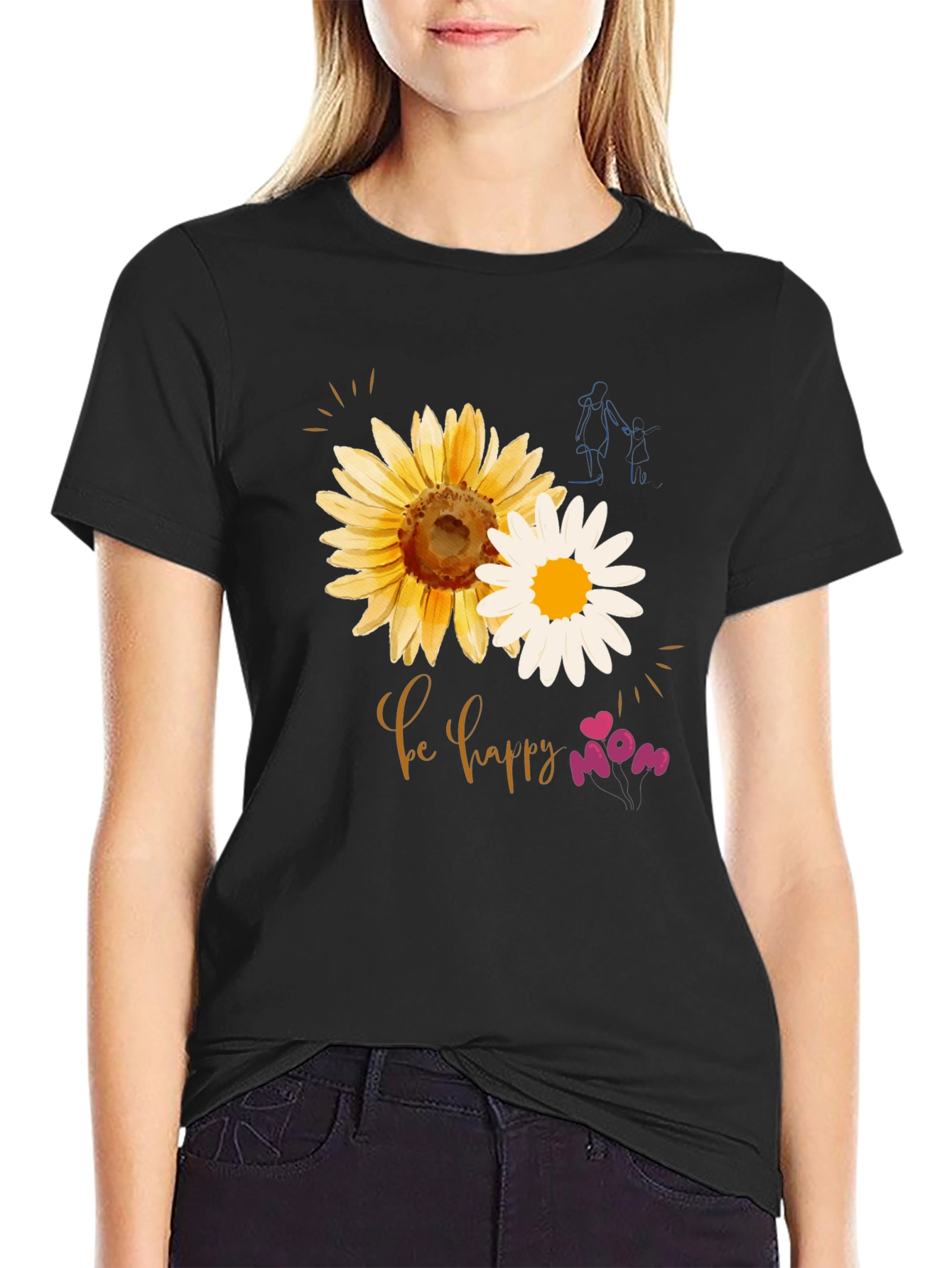 Be Happy Mom Sunflower Graphic T-Shirt