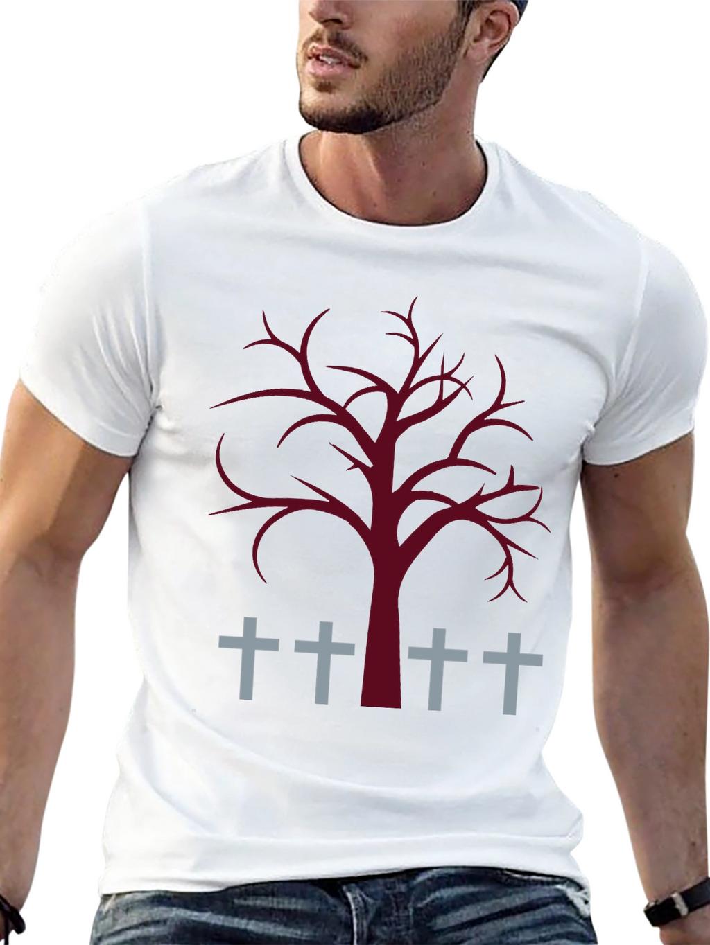 Spooky Tree & Grave Crosses Graphic T-Shirt