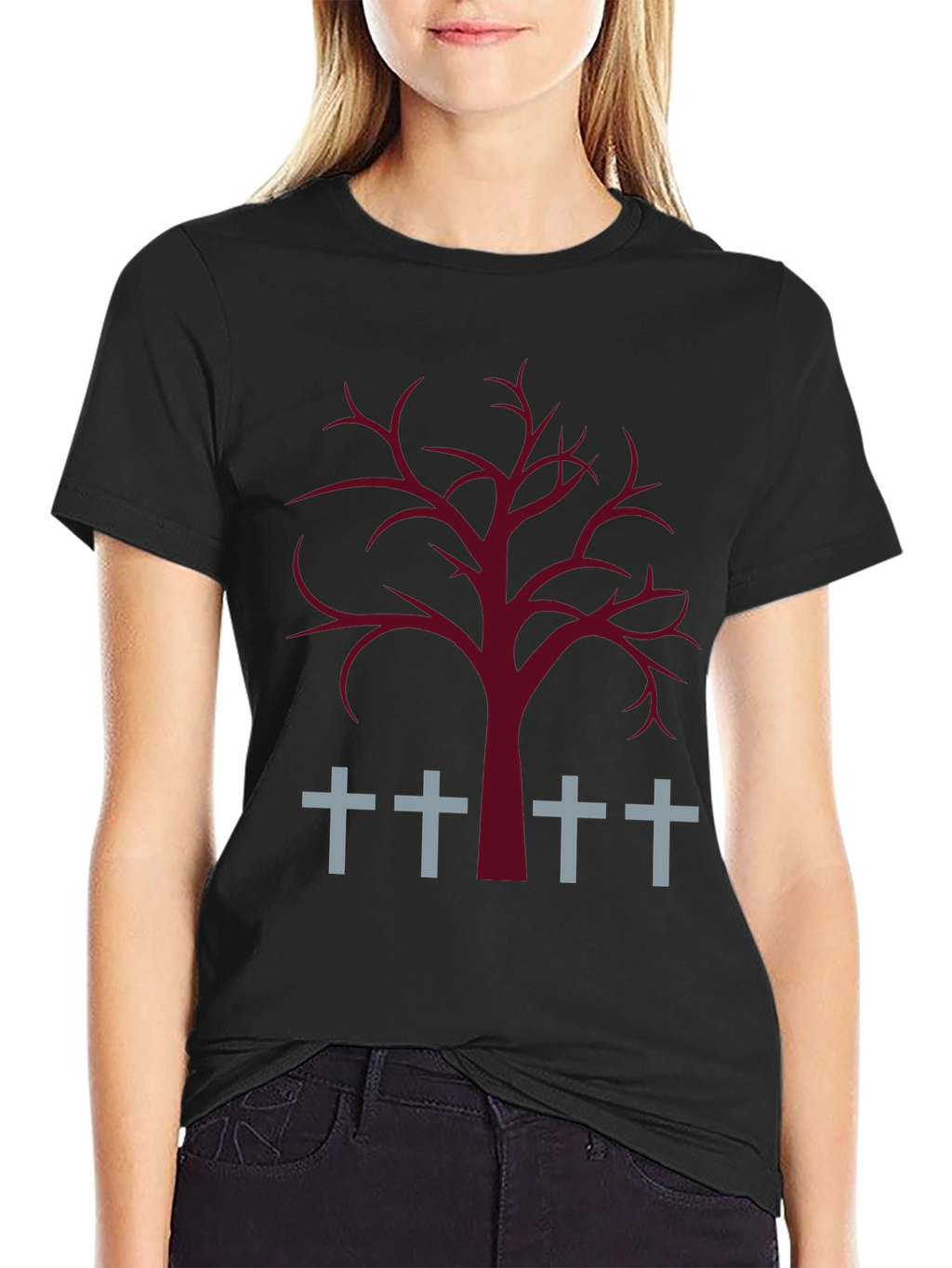 Spooky Tree & Grave Crosses Graphic T-Shirt