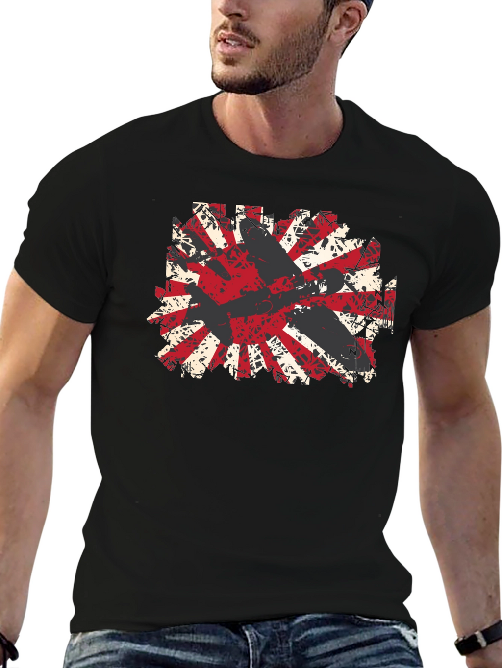 Distressed Rising Sun Graphic Tee - Black Cotton Blend