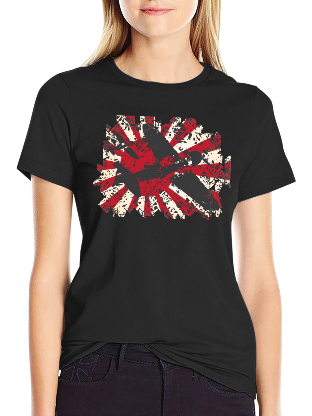 Distressed Rising Sun Graphic Tee - Black Cotton Blend