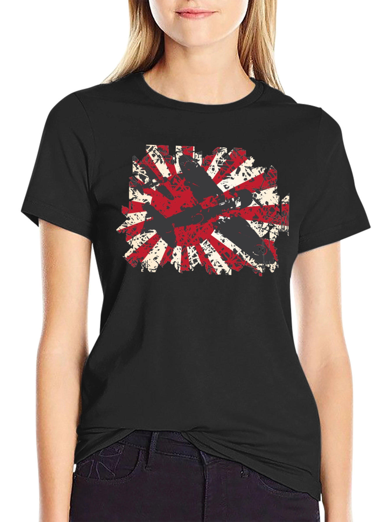 Distressed Rising Sun Graphic Tee - Black Cotton Blend