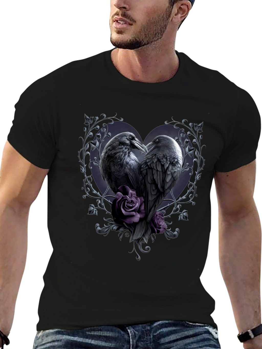 Gothic Crow Heart T-Shirt - Romantic Raven Design