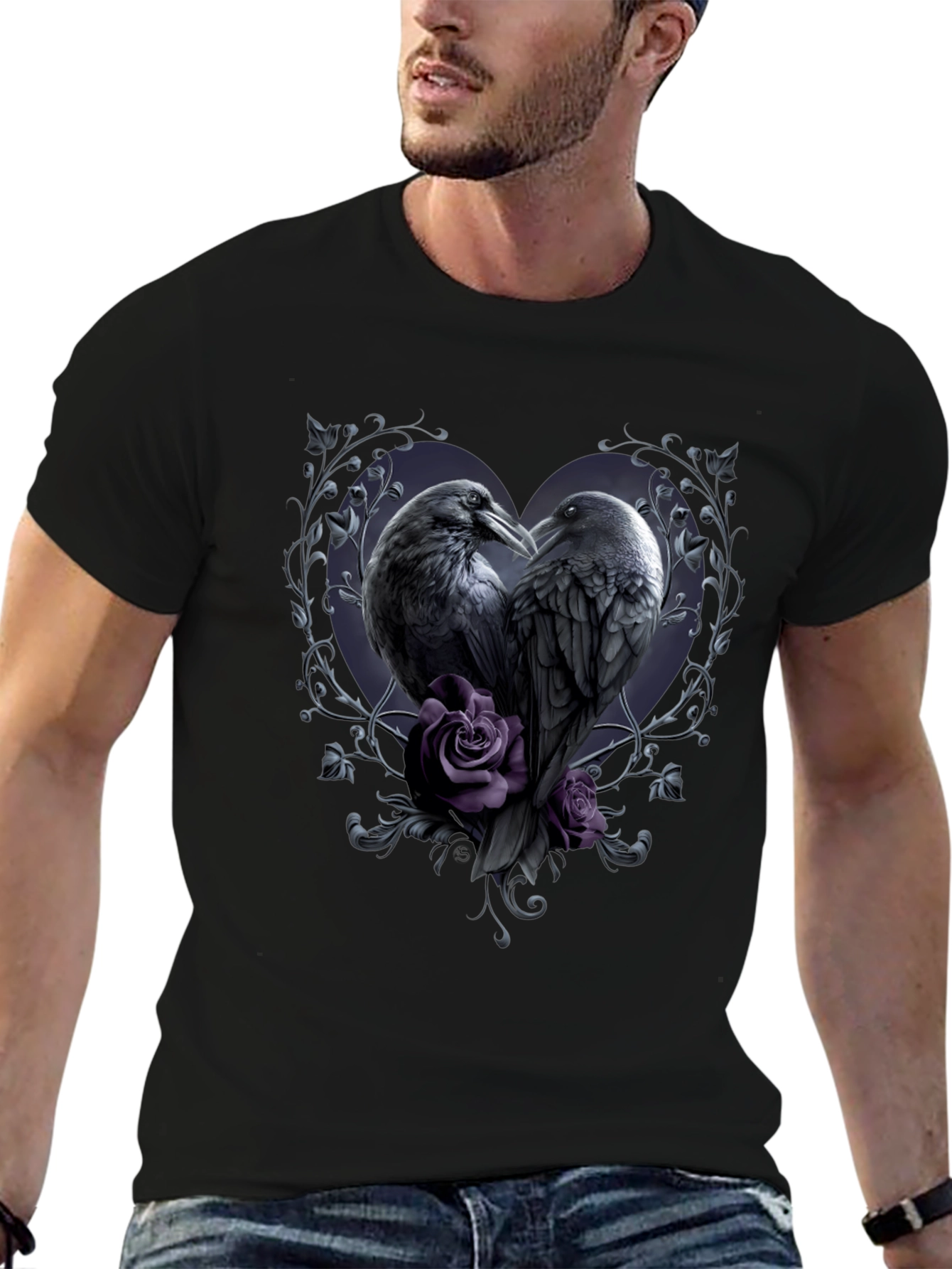 Gothic Crow Heart T-Shirt - Romantic Raven Design