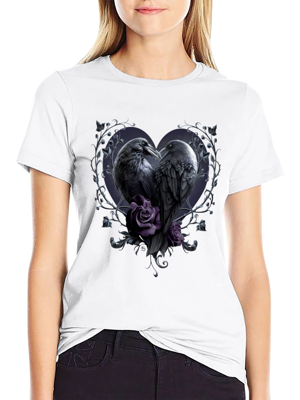 Gothic Crow Heart T-Shirt - Romantic Raven Design