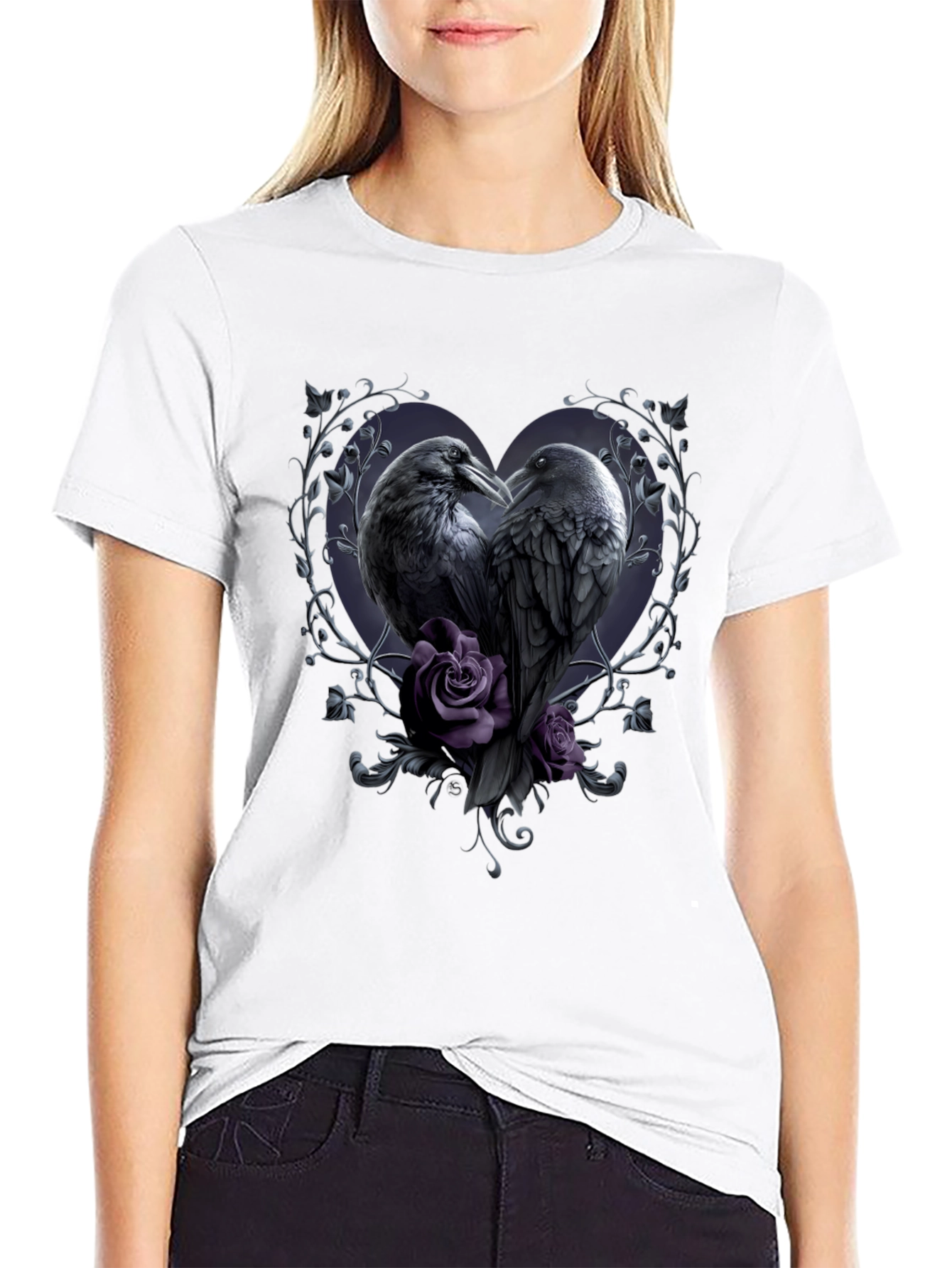 Gothic Crow Heart T-Shirt - Romantic Raven Design