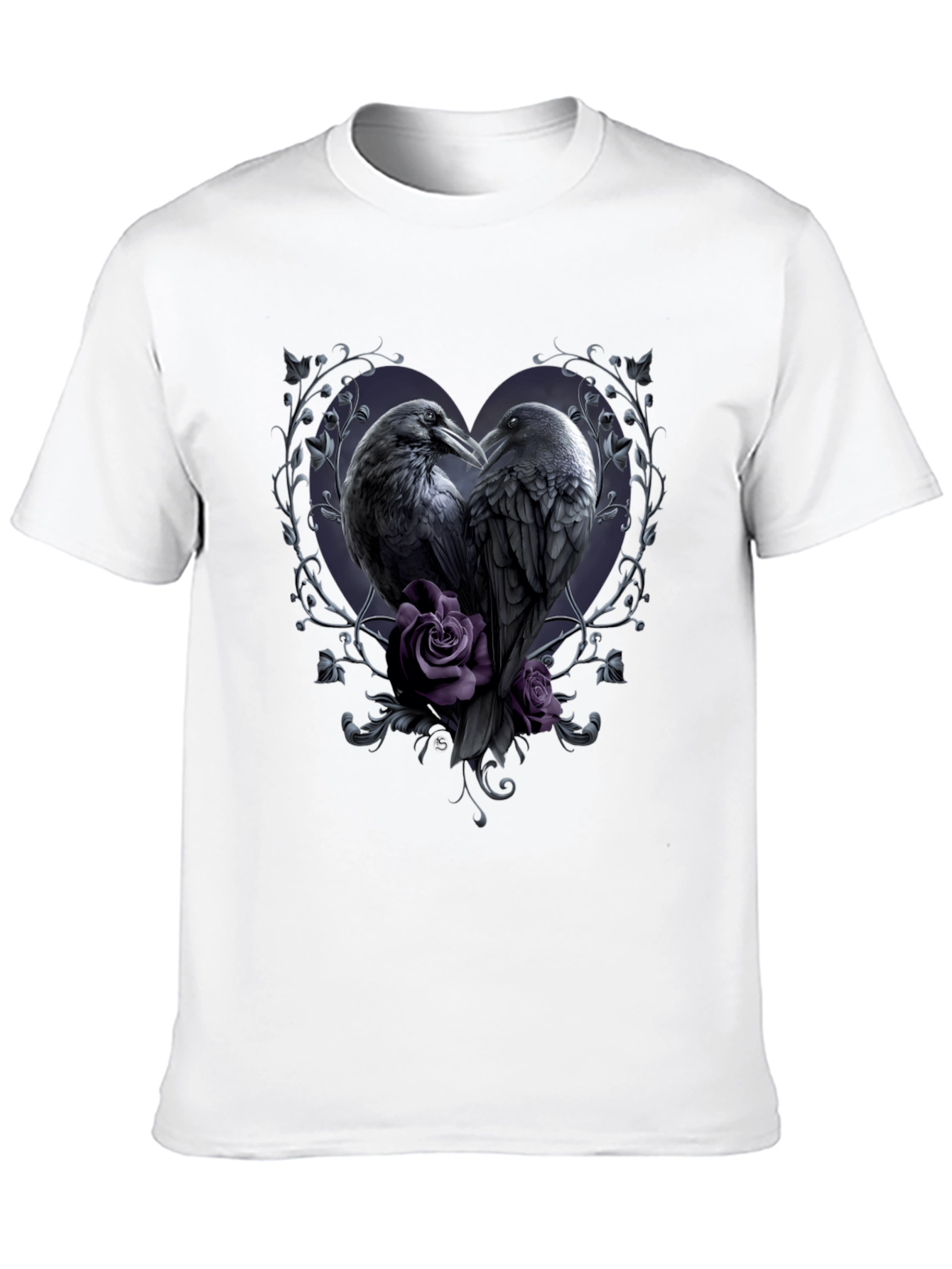 Gothic Crow Heart T-Shirt - Romantic Raven Design