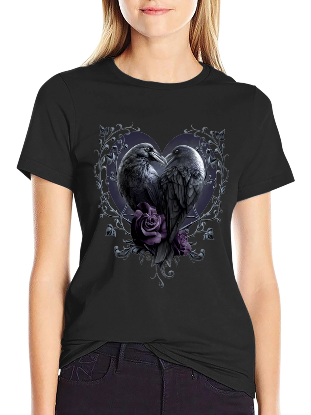 Gothic Crow Heart T-Shirt - Romantic Raven Design