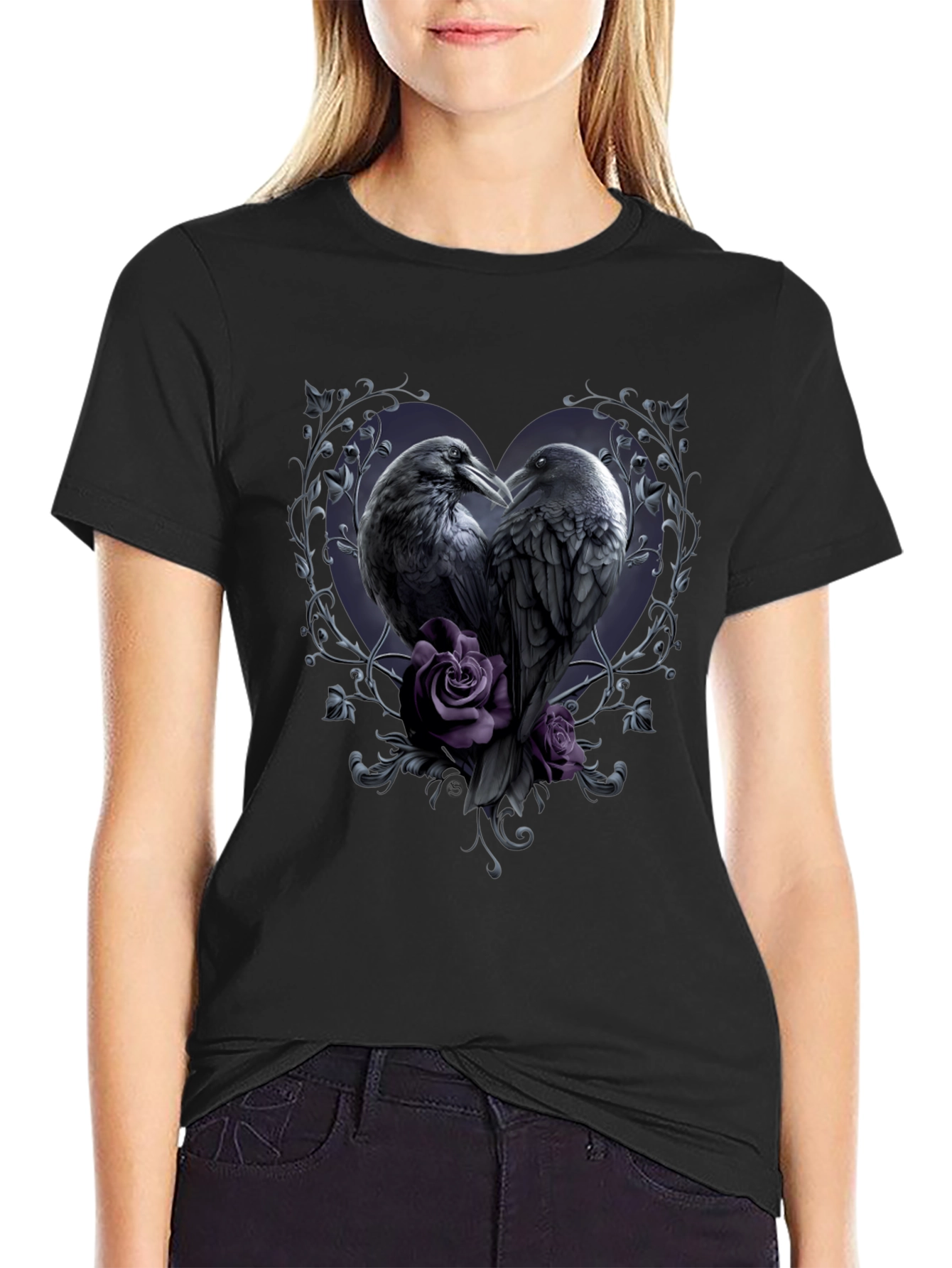 Gothic Crow Heart T-Shirt - Romantic Raven Design
