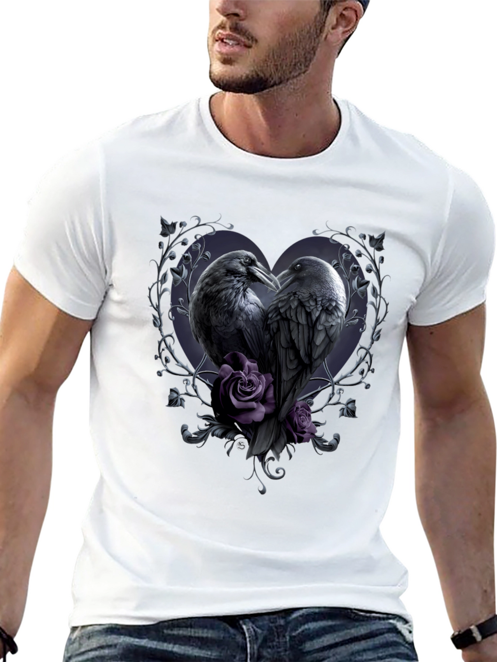 Gothic Crow Heart T-Shirt - Romantic Raven Design